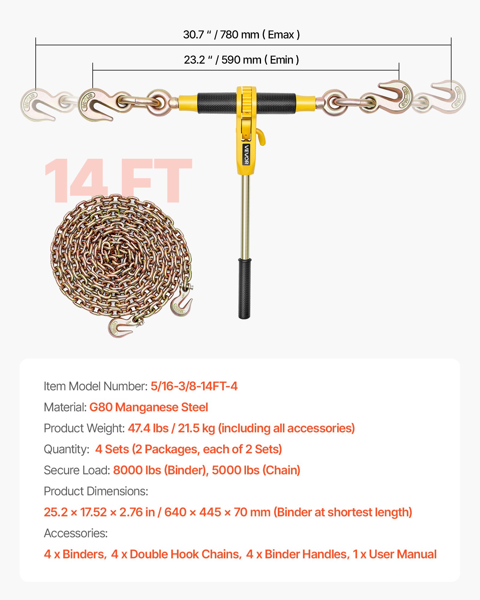 Tensor de cadena de trinquete 5/16", 8000 libras, cadenas G80 de 12.8 pies (4 juegos)
