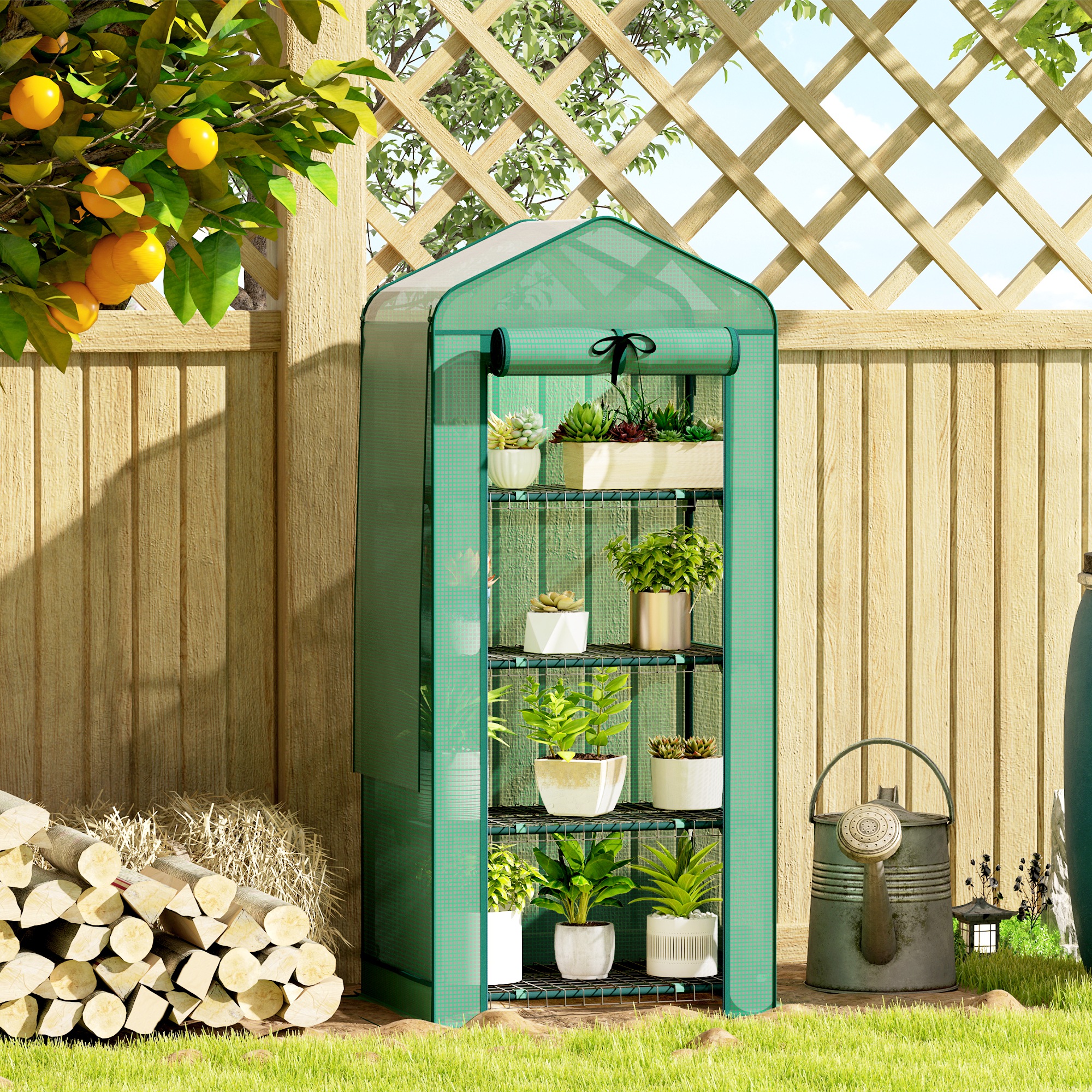 Mini Greenhouse with Screen Roof, 4 Tier Portable Small Greenhouse with High Strength PE Cover, Green