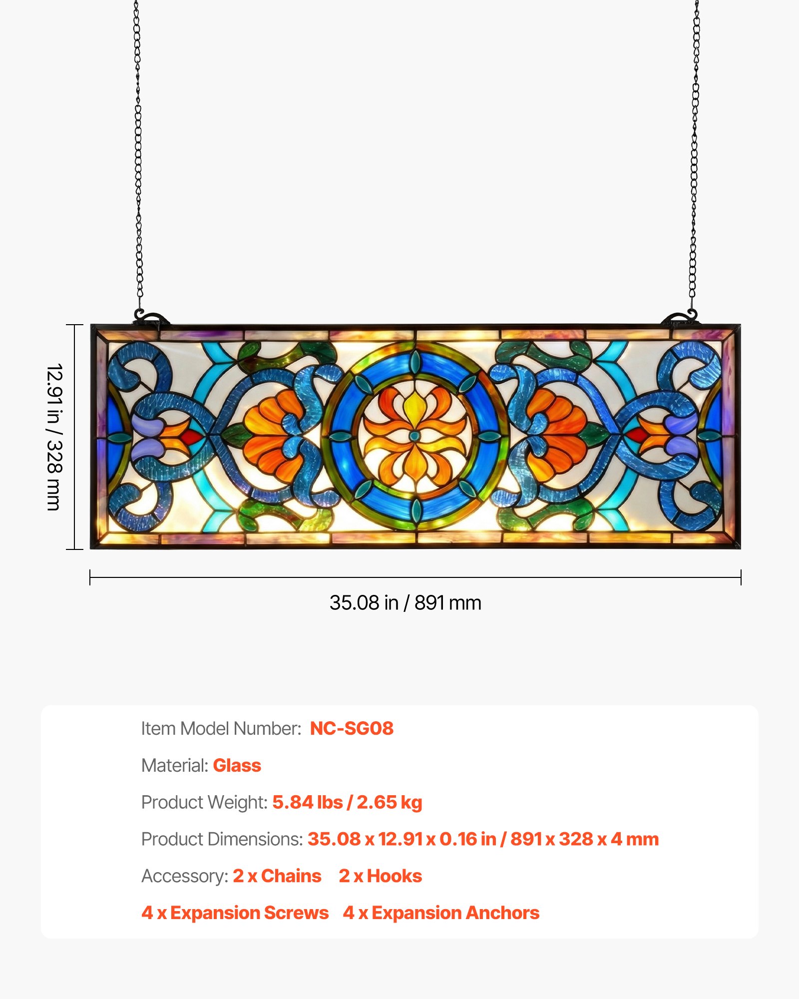 Panel de ventana de vidrieras estilo Tiffany 35.1 x 12.9 pulgadas, rectangular