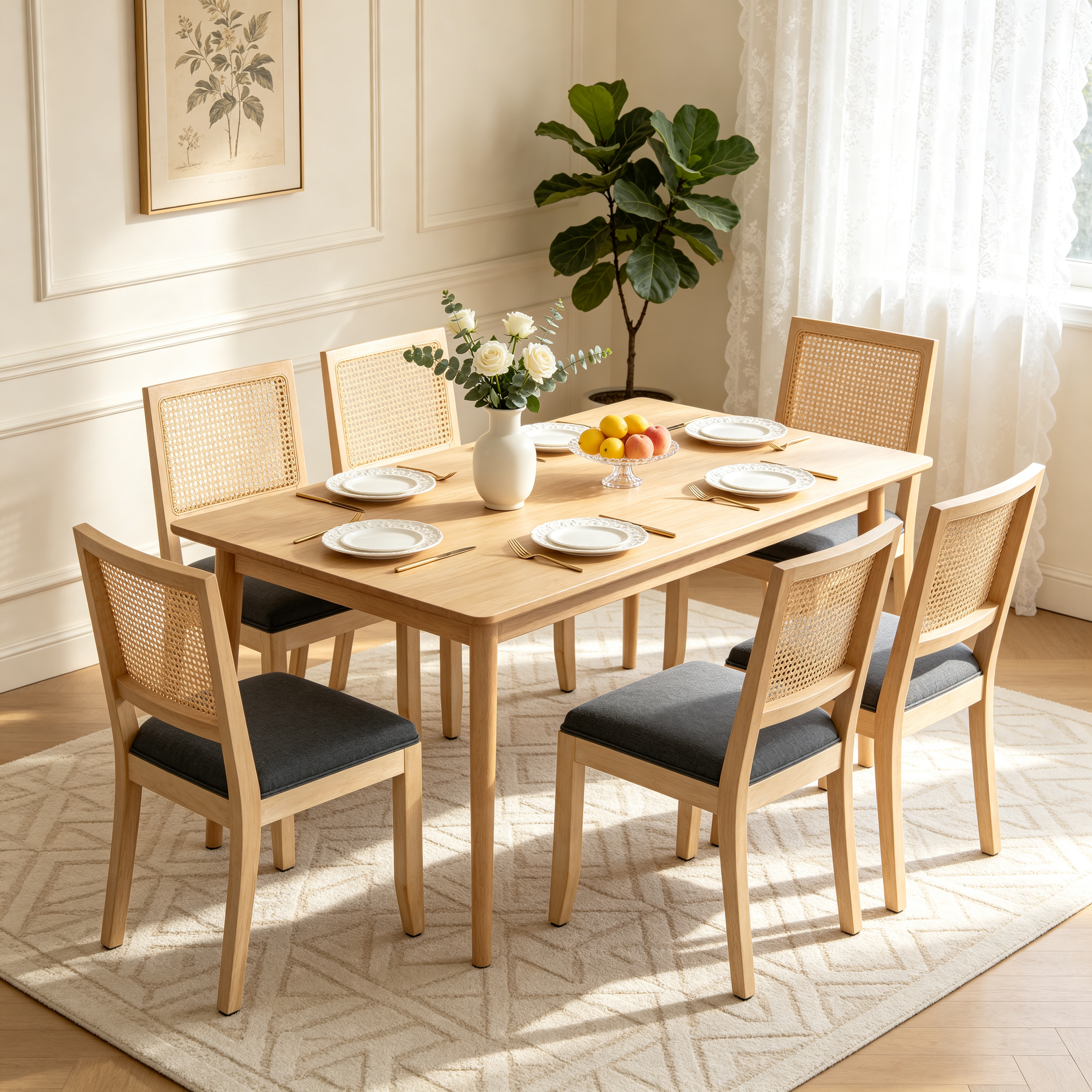 Farmhouse Rattan Dining Chairs Set of 2, Mid Century Modern Kitchen & Dining Room Chairs, Cane Low Back, with Natural Solid Wood Frame, Grey