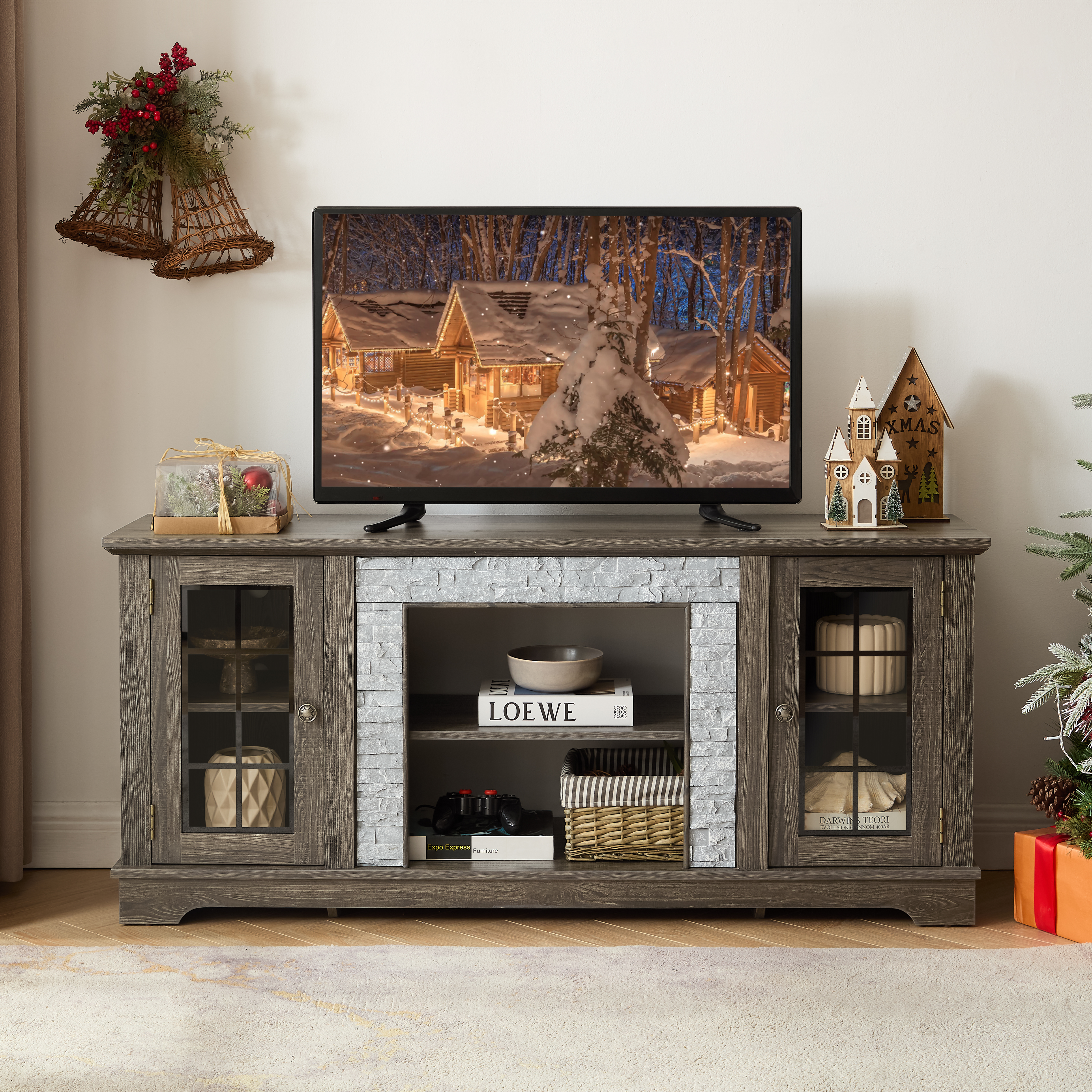 58  Modern TV Stand With 2-Door Storage, Faux Stone Media Console Cabinet, Grey Large Entertainment Center For Living Room