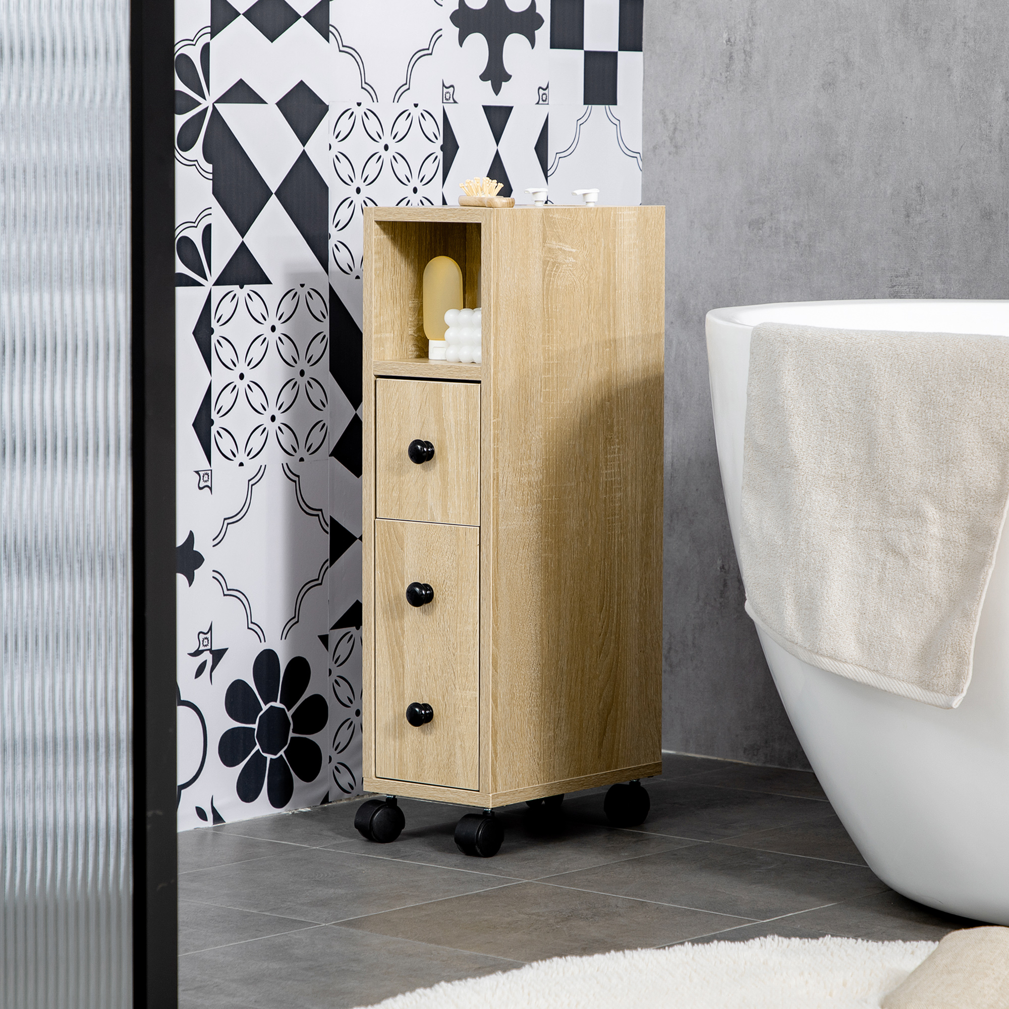 Gabinete de baño compacto de pie con 2 compartimentos, 1 puerta, 1 cajón y 4 ruedas, roble