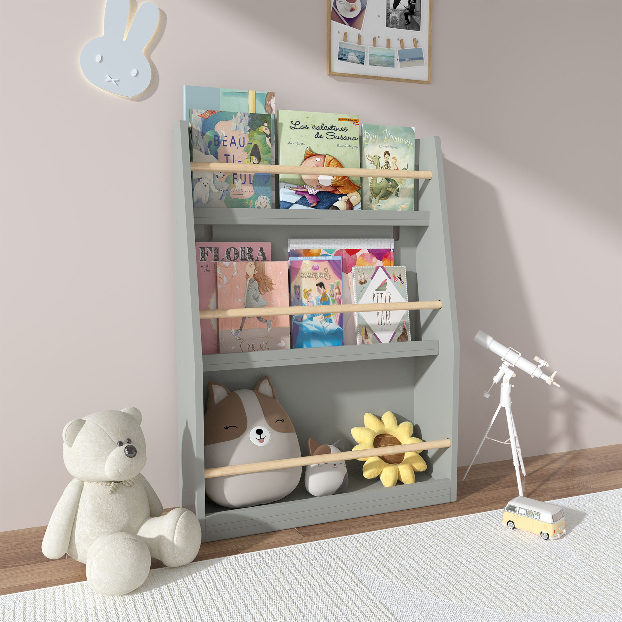 Estantería para libros infantiles de 3 niveles, para dormitorios y salas de juego, Gris