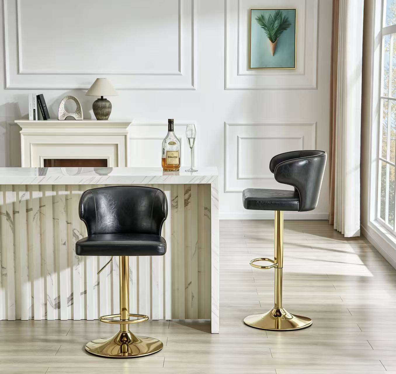 Modern Rotating Adjustable Bar Chair, PU Leather Belt Backrest Swivel Chair, Suitable For Kitchen Bar Counter And Dining Room, Adjustable Height, Capable Of Bearing 300 Pounds  Black -2 Pieces