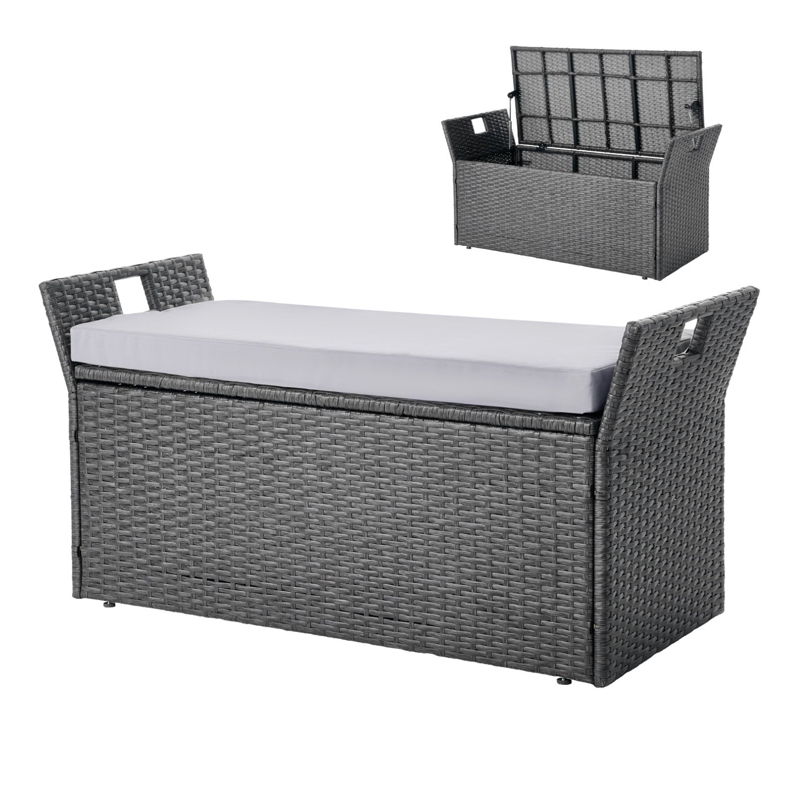 Banco de almacenamiento exterior de ratán PE, 40 galones, impermeable, asiento y caja