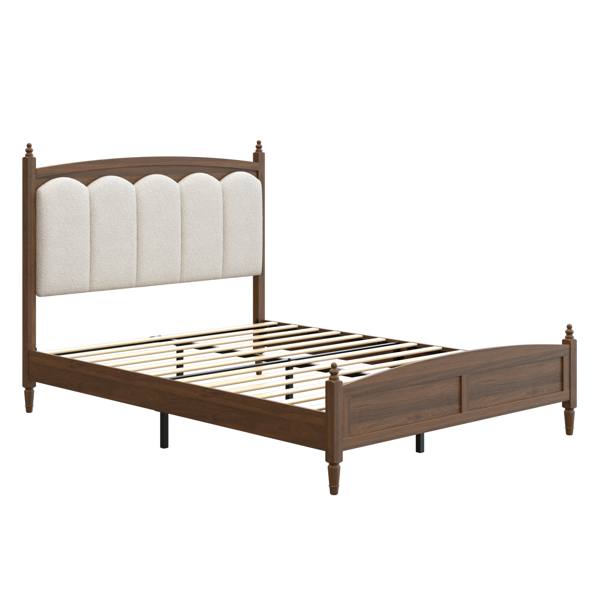 Queen Size Platform Bed Frame With Upholstered Headboard, Mid-Century Brown