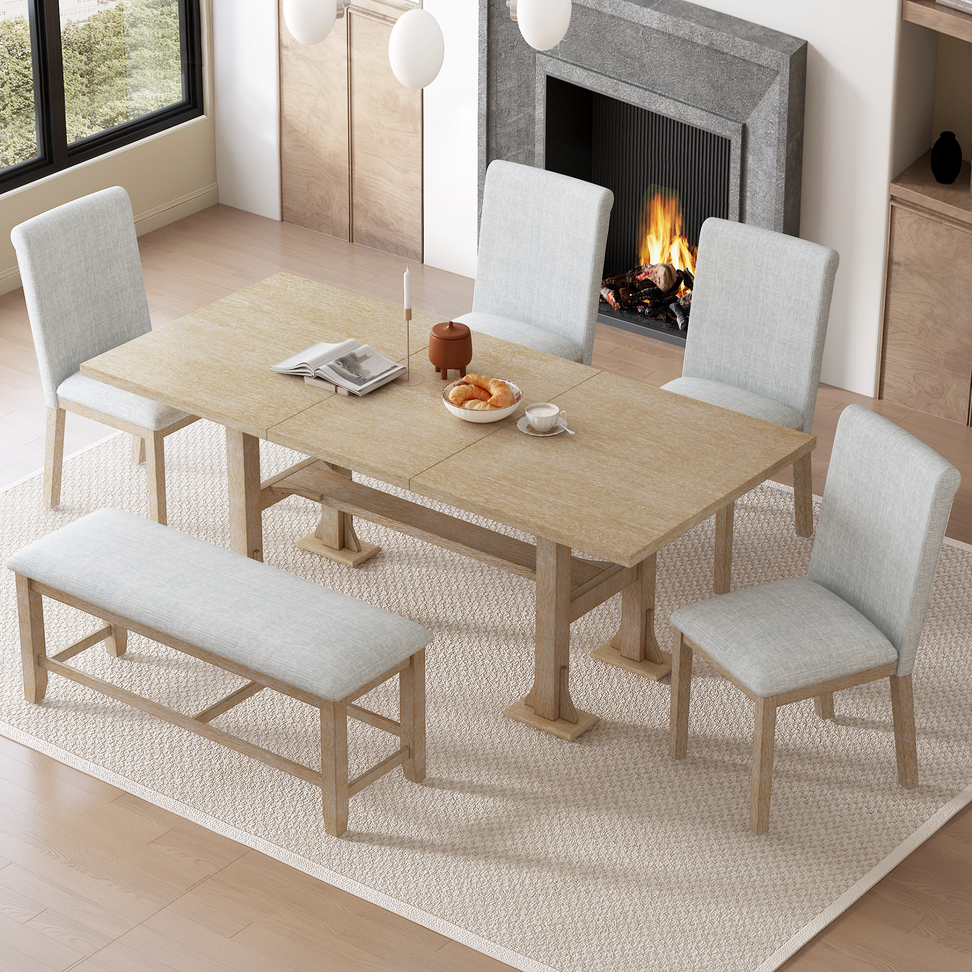 Juego de mesa de comedor extensible TOPMAX de 76 pulgadas, 6 piezas, gris claro