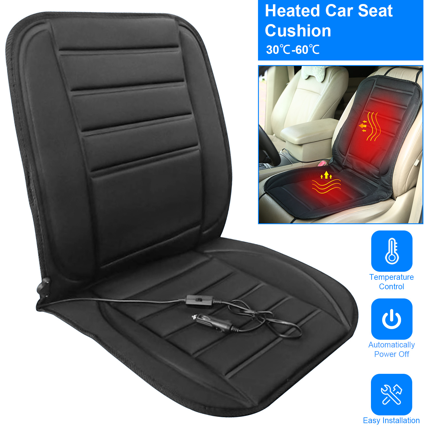 1Pc Heated Car Seat Cushion 12V Auto Seat Cover Warmer With Adjustable Temperature Controller For Cars Trucks SUV