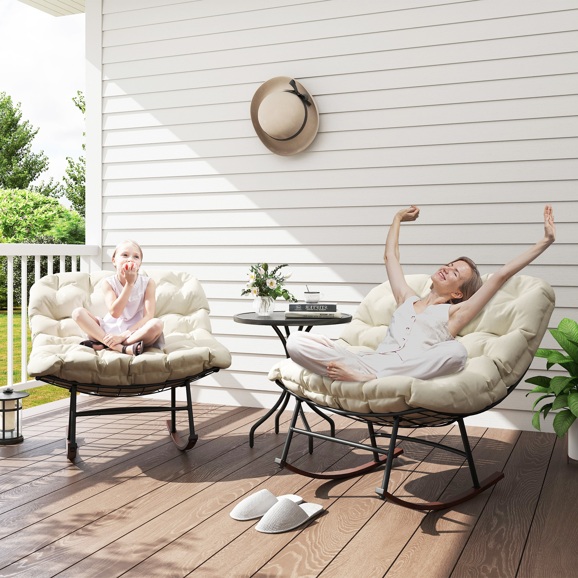Outdoor Rocking Chair Patio Set of 2, Oversized Rocking Papasan Chairs with Cushions for Garden Porch, 265 lbs., Beige