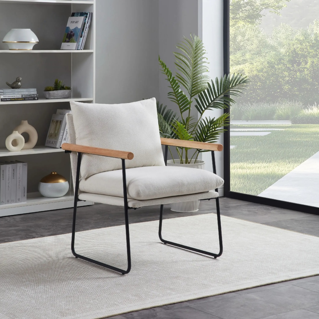 Silla decorativa moderna con cojín extraíble y reposabrazos de madera, blanco
