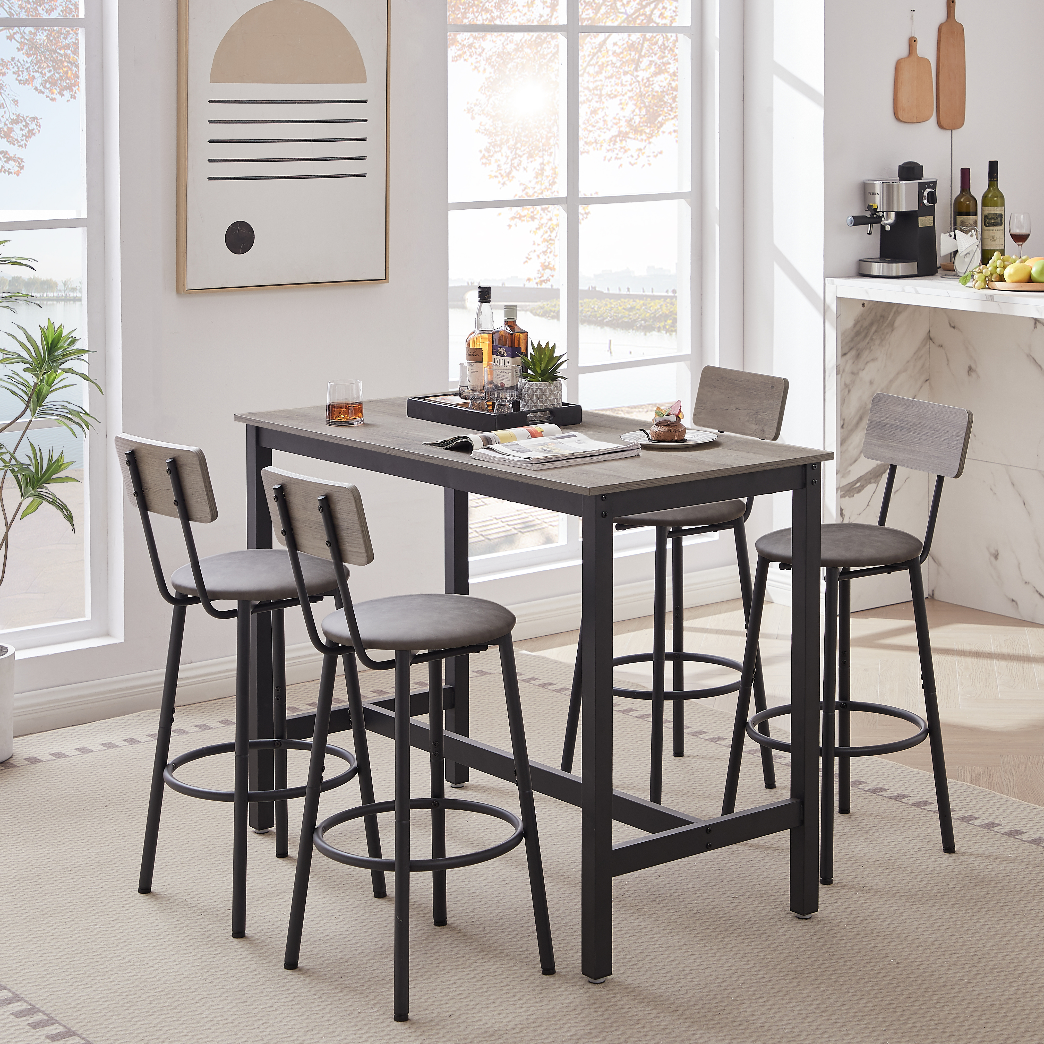 Juego de mesa de bar con 4 taburetes de PU, gris, 47.24 x 23.62 x 35.43 pulgadas.