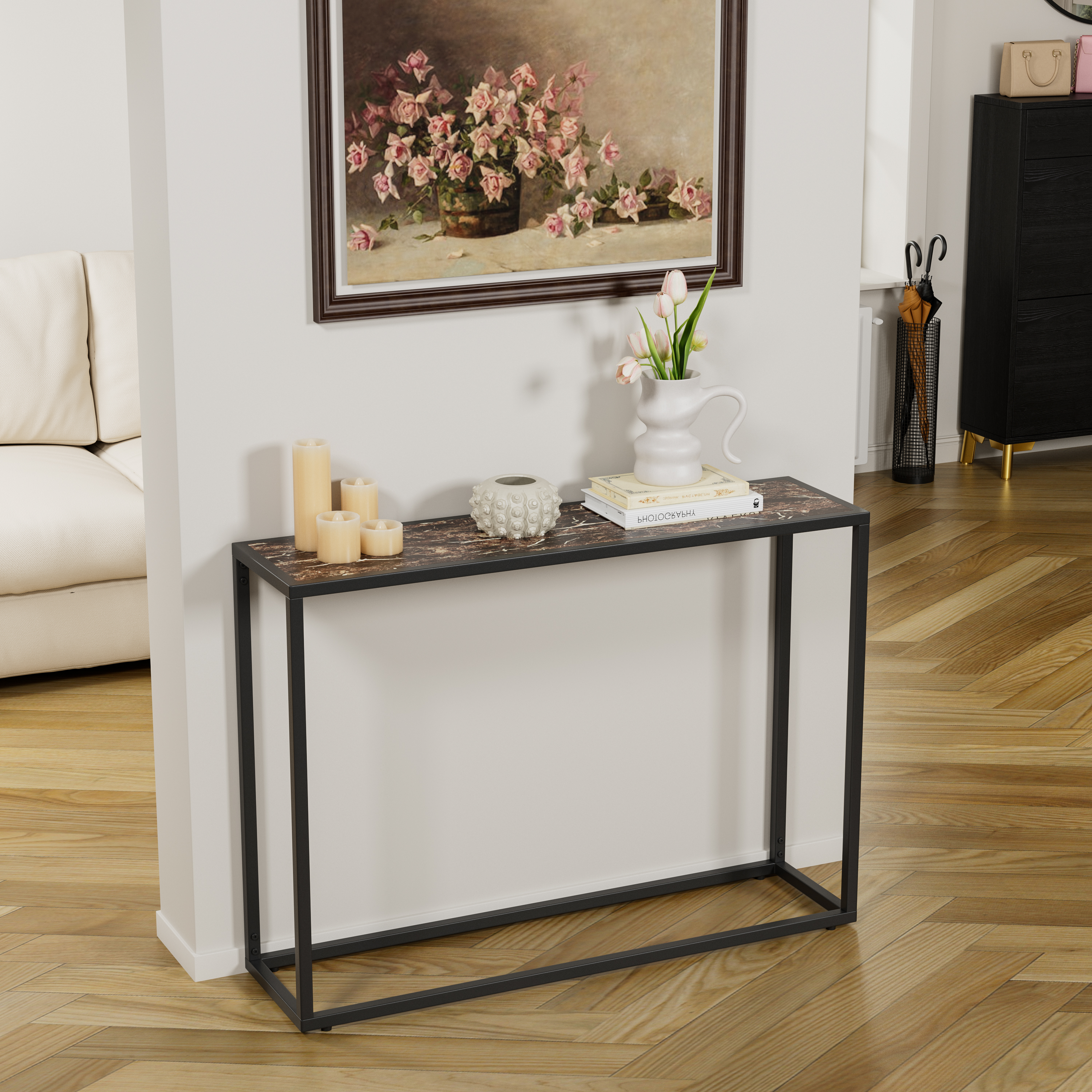 Mesa consola estrecha industrial para recibidor, marrón y negro