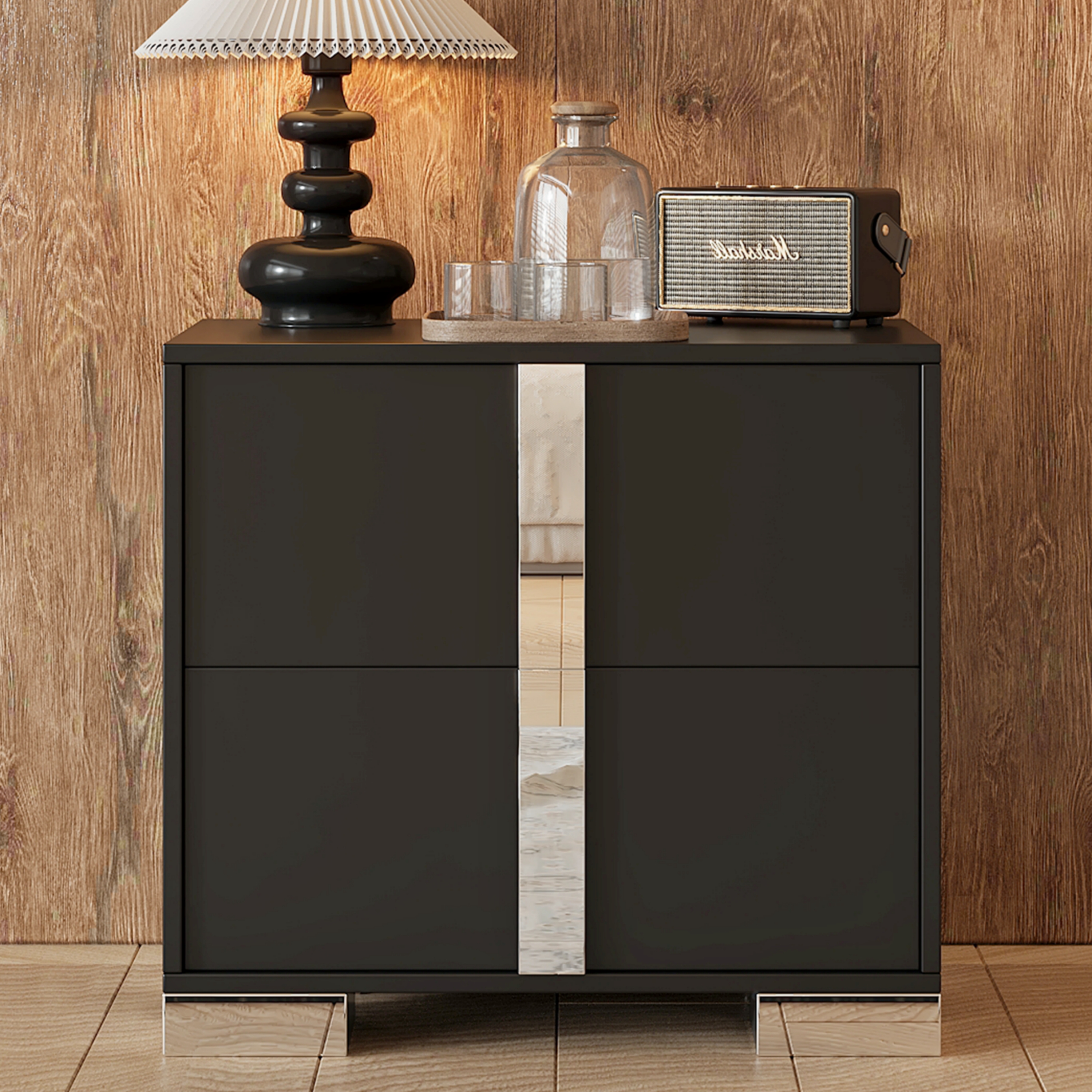 Mesa de noche elegante con patas de metal, espejos y 2 cajones, color negro