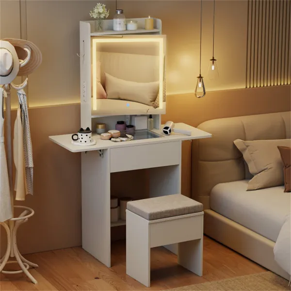 Vanity Table With LED Lighted Mirror, 2 Drop Leaf Extension & Built-in Charging Station-White
