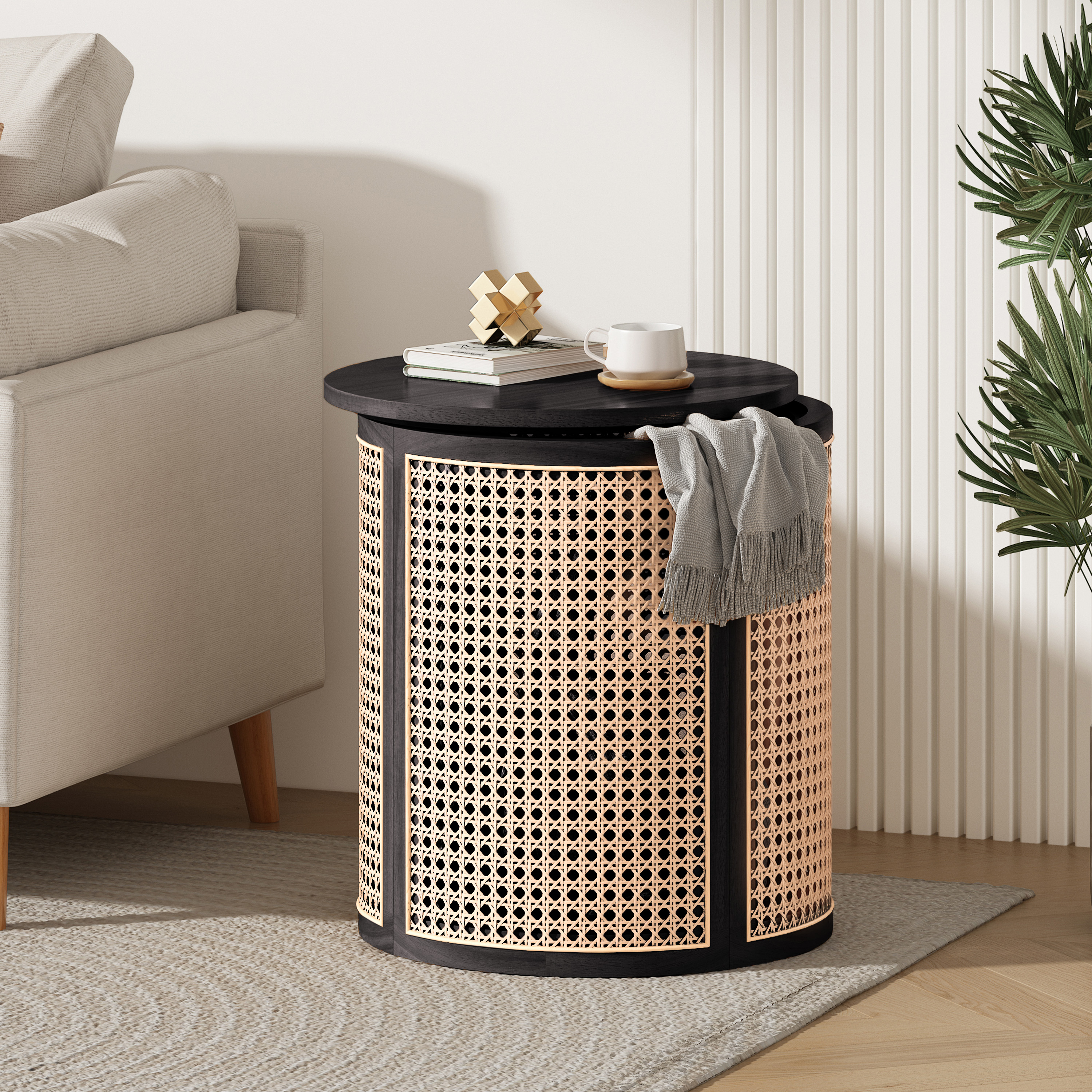 15.70  Round End Table, Hollow Woven Side Table, Small Rubber Wood Nightstand, Rattan Woven Tea Desk, Round Wood Tabletop, Chic Home Decor Desk, Easy Assembly, Black Color