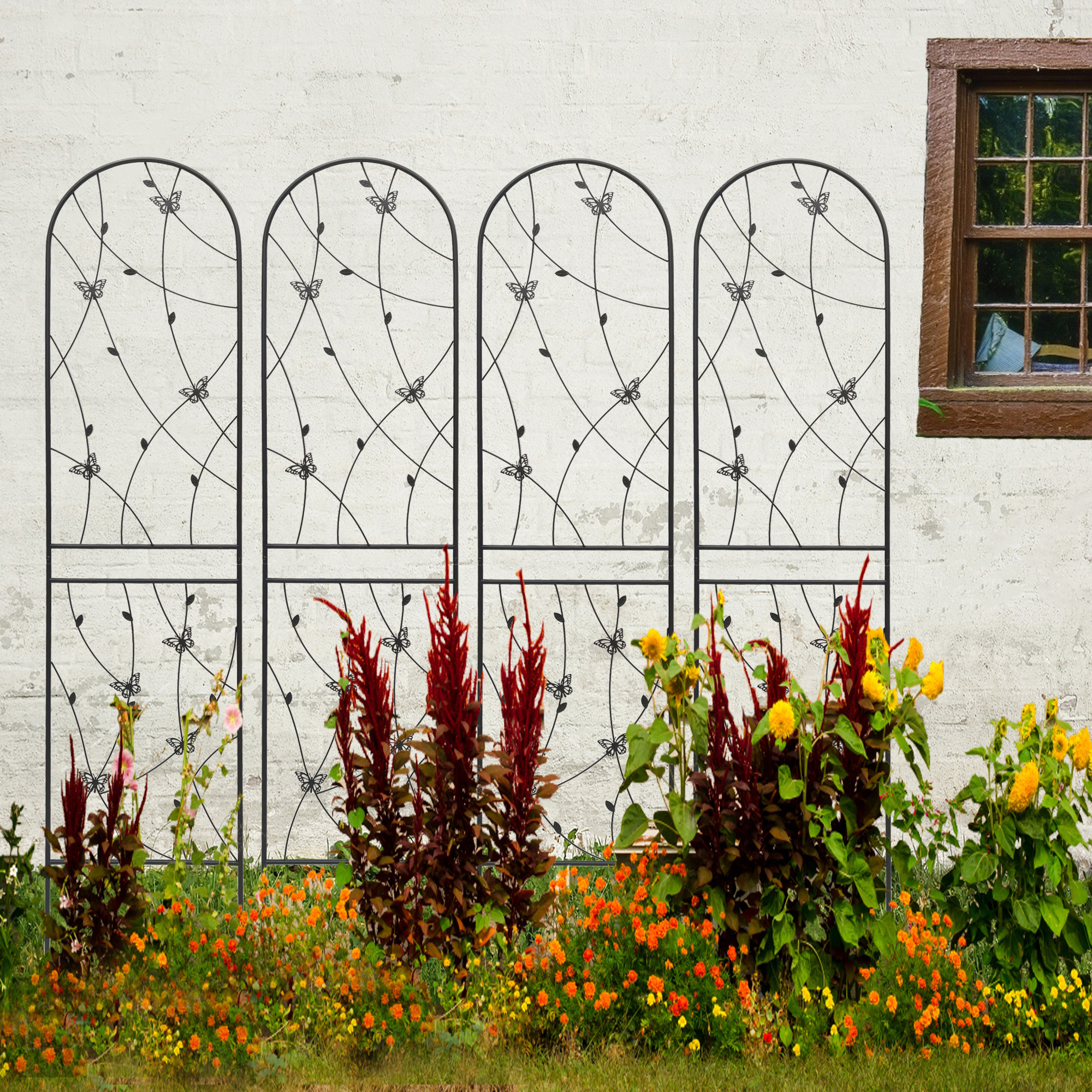 4 Pack Metal Garden Trellis 86.7  X 19.7  Rustproof Trellis For Climbing Plants Outdoor Flower Support Butterfly Deco Black