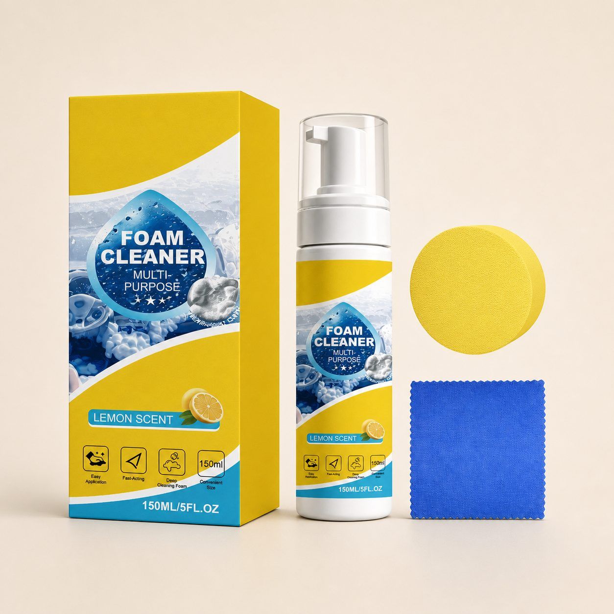 AMZ Multipurpose Foam Cleaner Kit, 150 ml + 1 Sponge + 1 Cloth