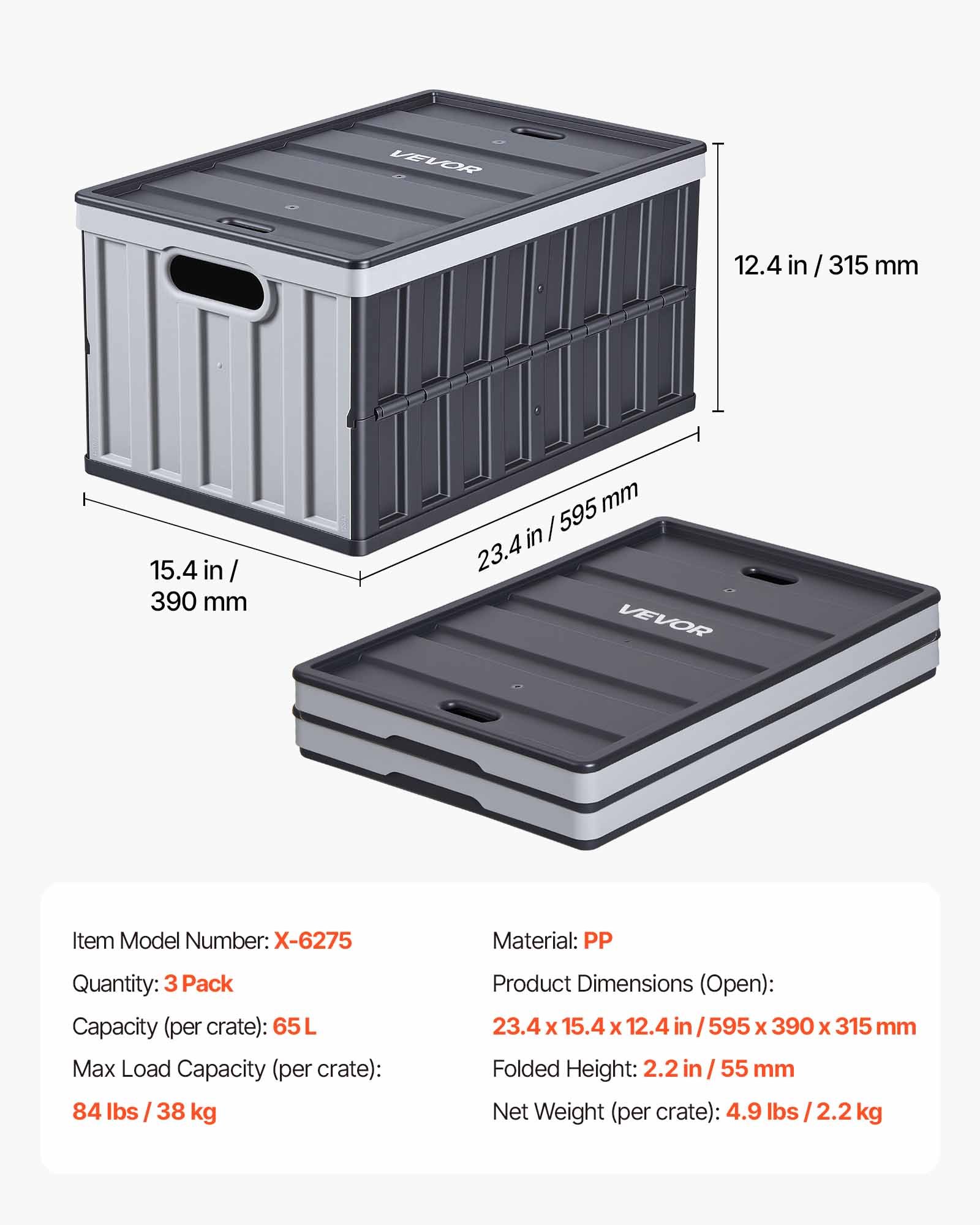 Cestas de almacenamiento plegables de plástico, 65L, 3 unidades, soporta 84 libras