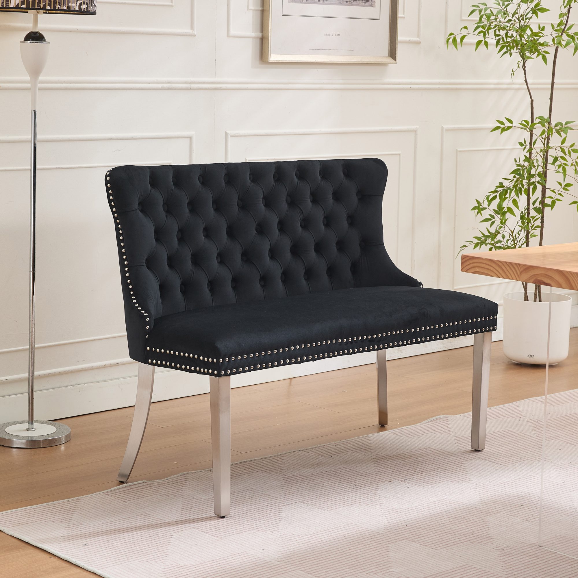 Banco de comedor doble de terciopelo, 2 asientos, capitoné, patas de acero, negro, SW1702BK