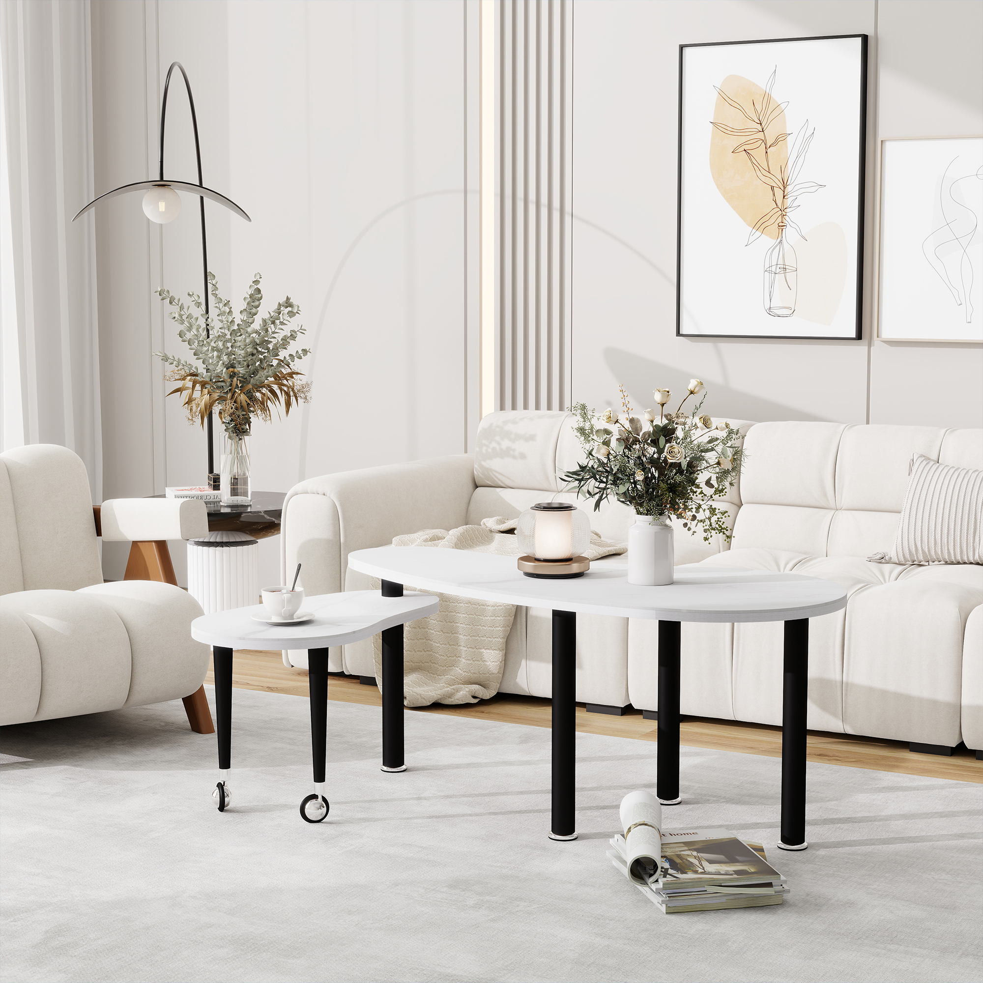 Mesa de centro giratoria contemporánea, patas de madera, cubierta de piedra sinterizada 6 mm
