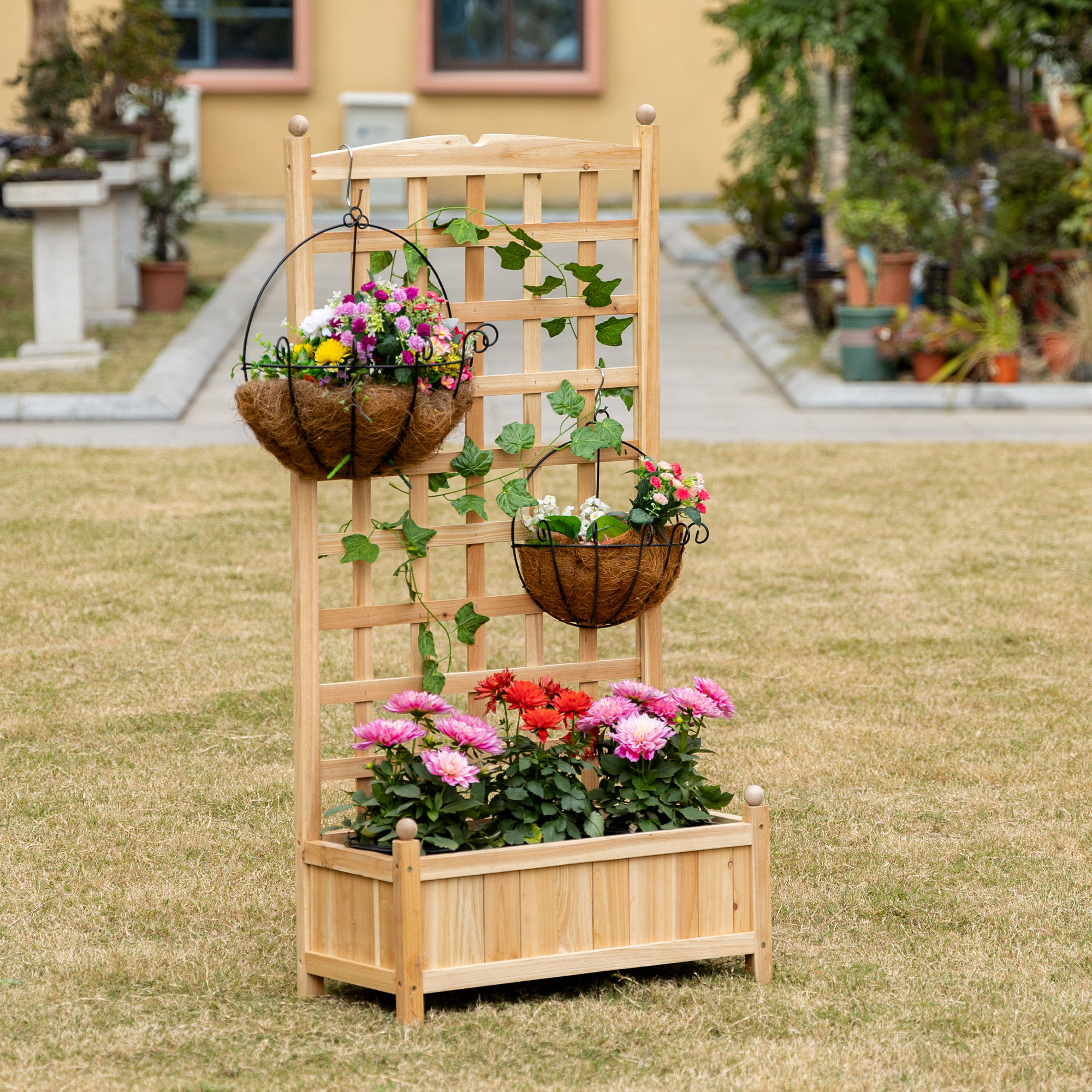 Cama de jardín elevada de madera con celosía, drenaje, 24x12x49 pulgadas.