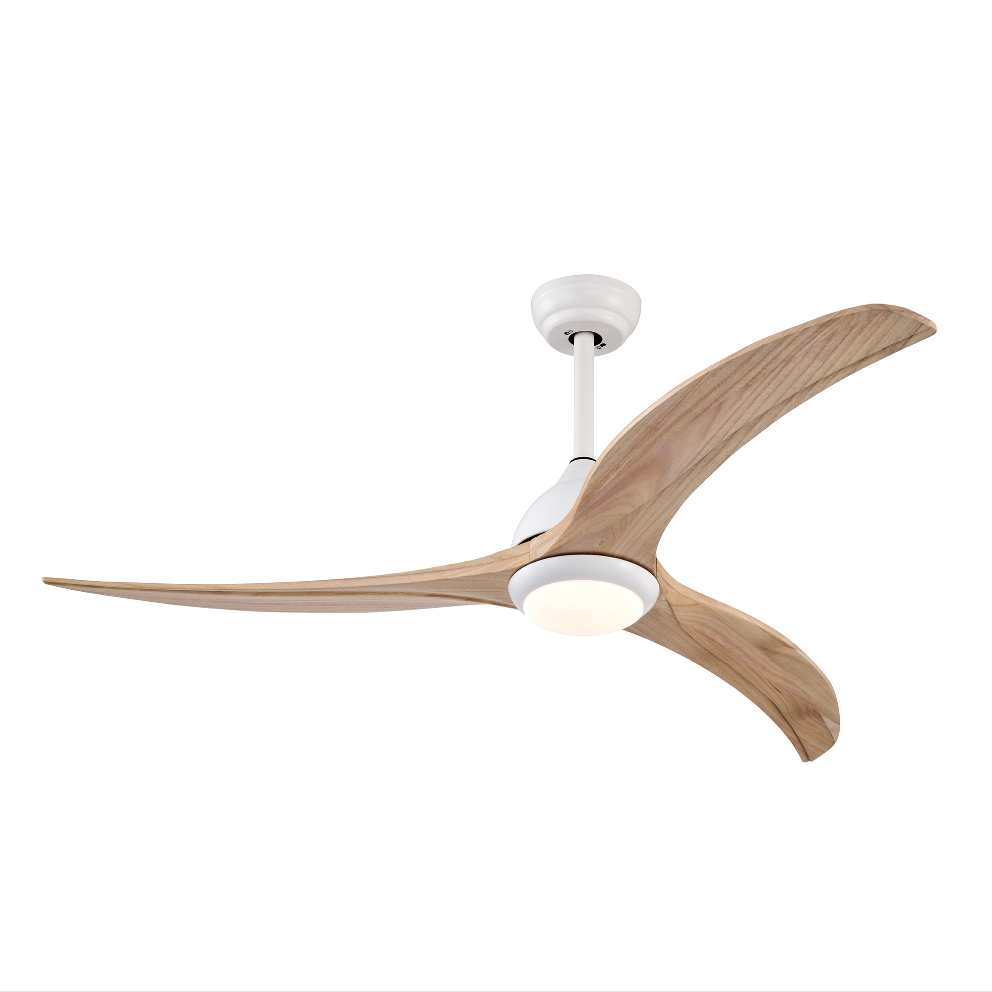 Ventilador de techo de 52 pulgadas, aspas de madera, con luz y control remoto, blanco mate