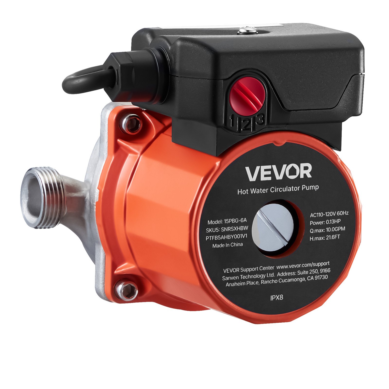 Bomba de recirculación de agua caliente, 10 GPM, 3 velocidades, 0.13 HP, acero inox.