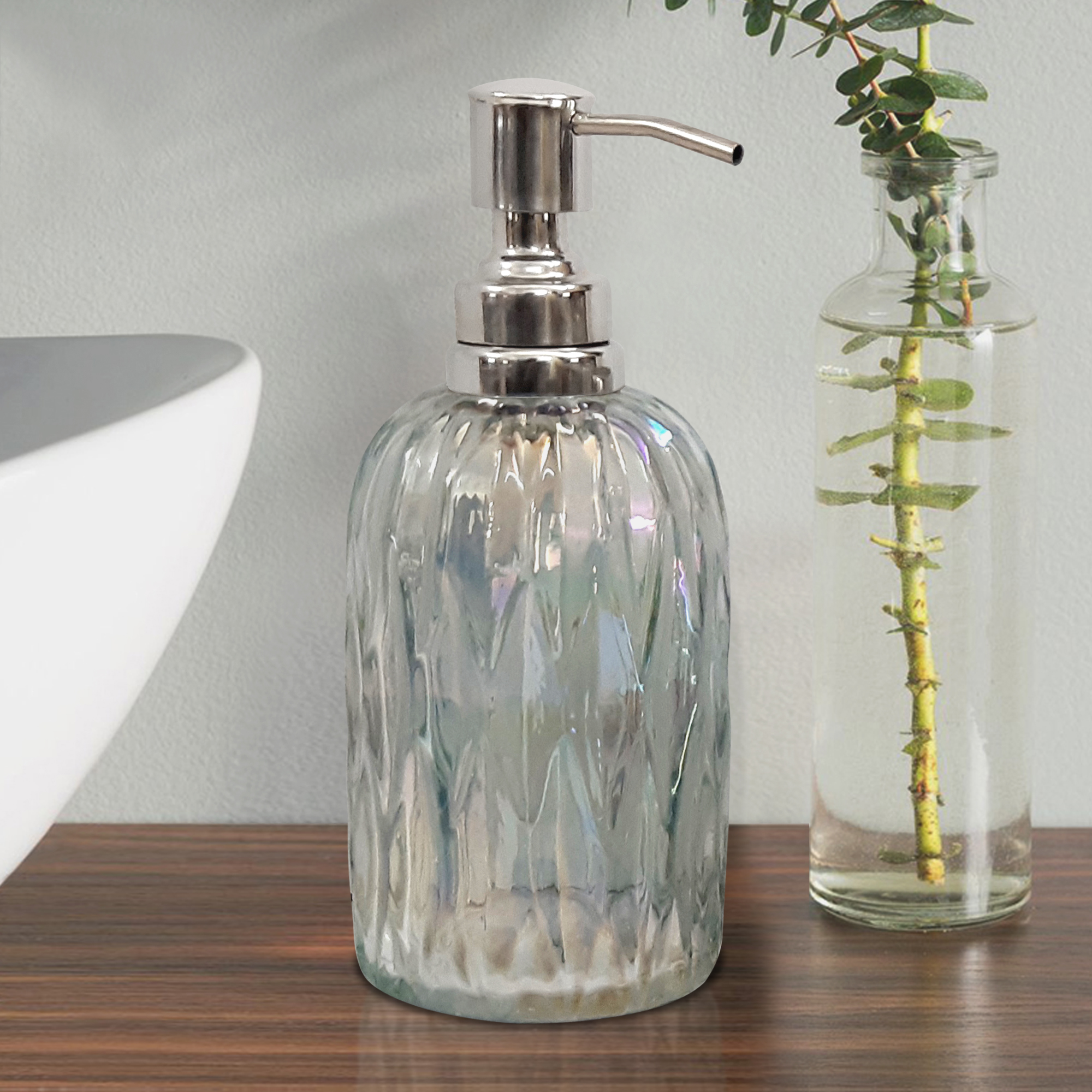 Dispensador de jabón líquido de vidrio, para baño y cocina, brillo arcoíris