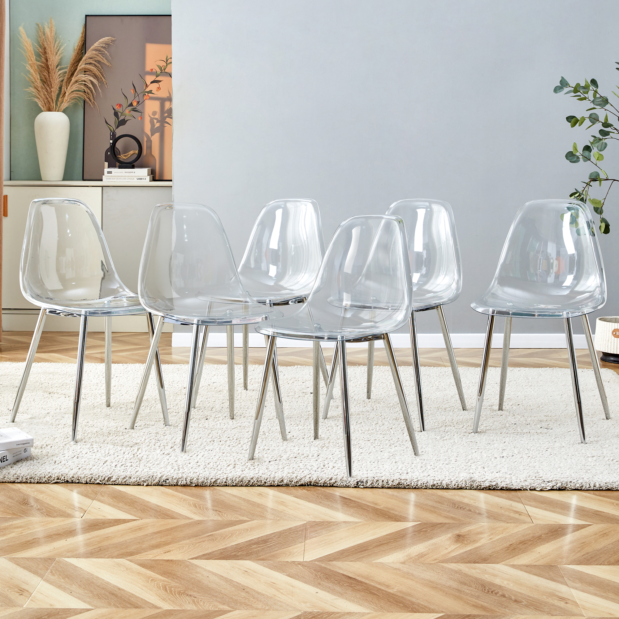 Modern Minimalist Transparent Dining Chair, Plastic Chair, Armless Crystal Chair, Nordic Creative Makeup Stool, Negotiation Chair, Silver Plated Metal Leg 6-piece Set, TW-1200