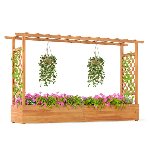 Cama de jardín elevada de madera con enrejado y techo plano, base abierta