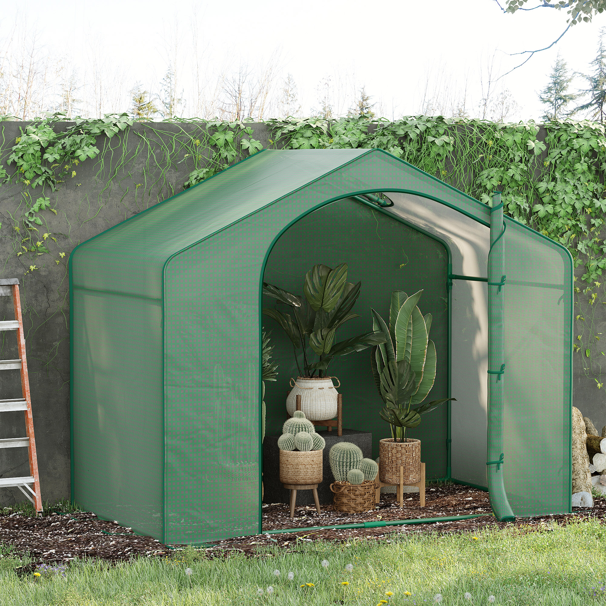 6 x 3 x 5 Portable Walk-in Greenhouse, PE Cover, Steel Frame Garden Hot House, Zipper Door, Top Vent for Flowers, Vegetables, Saplings, Tropical Plants, Green