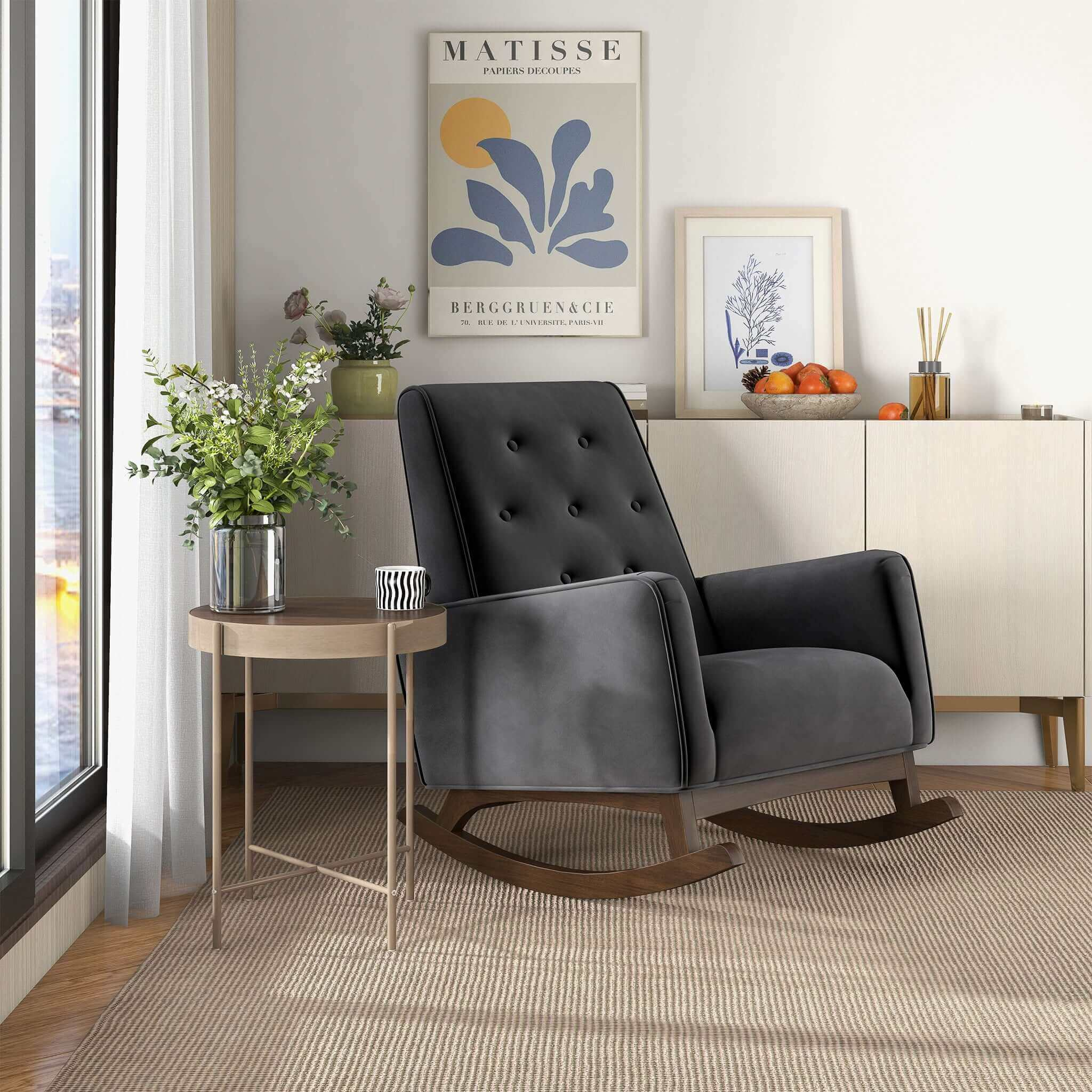 Elegant Style Demetrius Dark Grey Fabric Rocking Chair With Solid Wood Frame For Living Room And Nursery 36.6  H X 27.5  W X 39  D For Living Room Bedroom Reading
