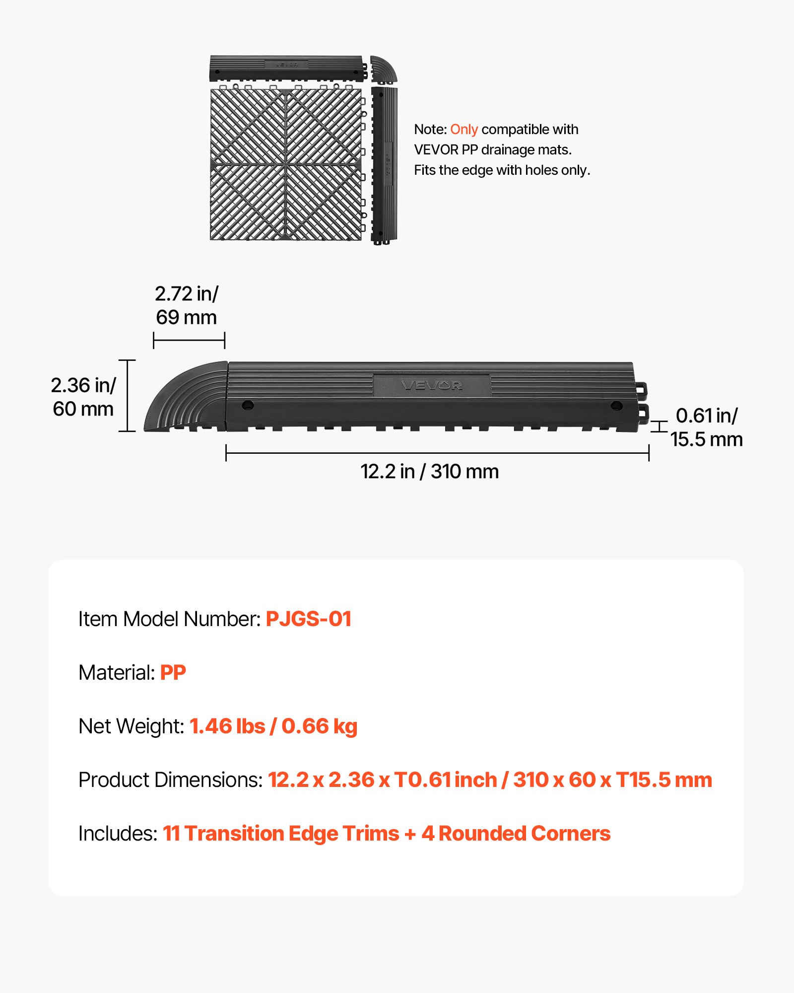Transition Edge Kit, 11-Piece, Durable Straight Garage Floor Edging, PP Material, Easy Installation, Edge Protection For Wet Area Restaurant Pool, Only Compatible With Drainage Mats, Black