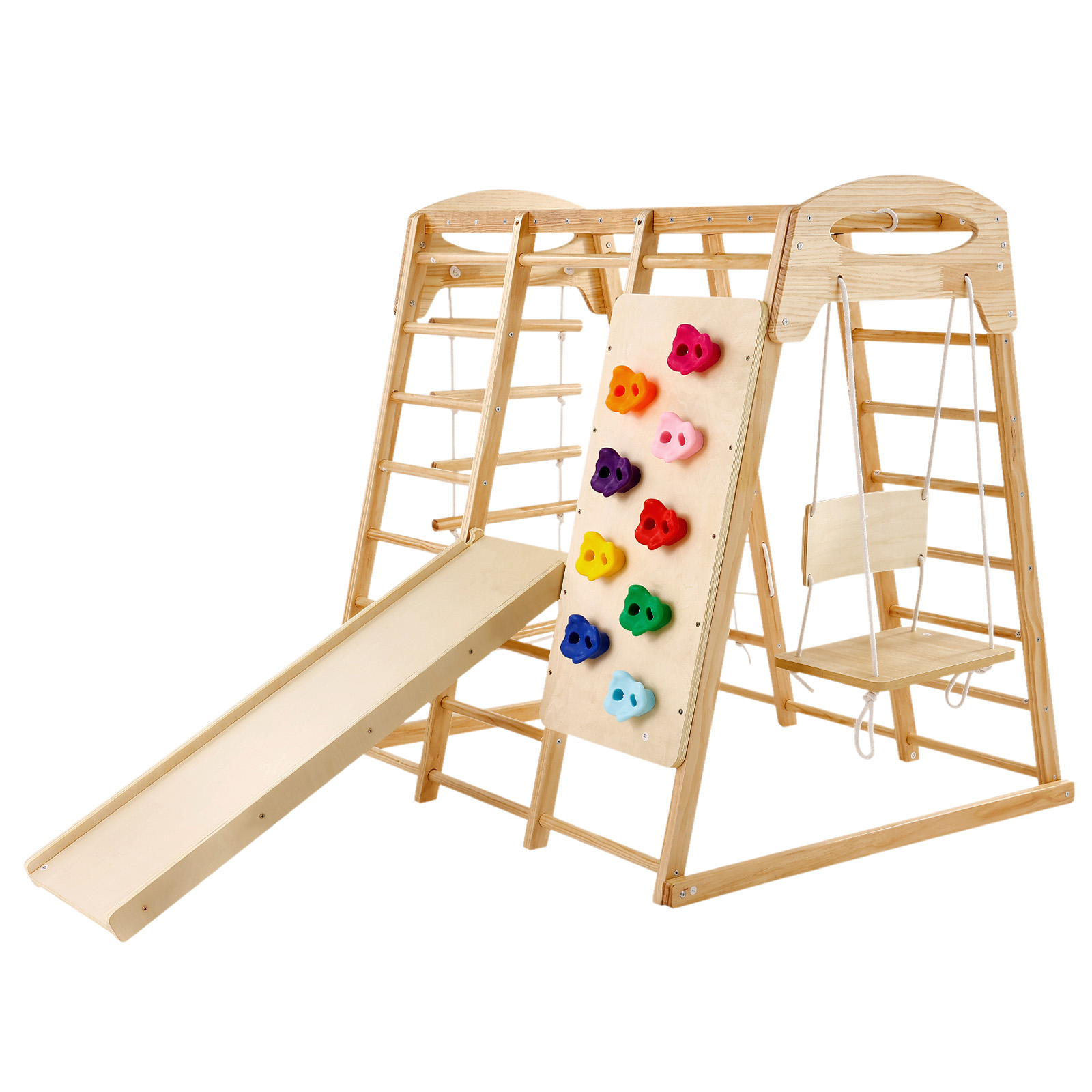 Indoor Jungle Gym, 7-in-1 Toddler Indoor Playground, 47.2 X 58 X 56 Inch, With Wood And Rope Ladder, Net Ladder, Swing, Monkey Bar, Slide, Climbing Wall, Wooden Indoor Climbing Toys For Kids