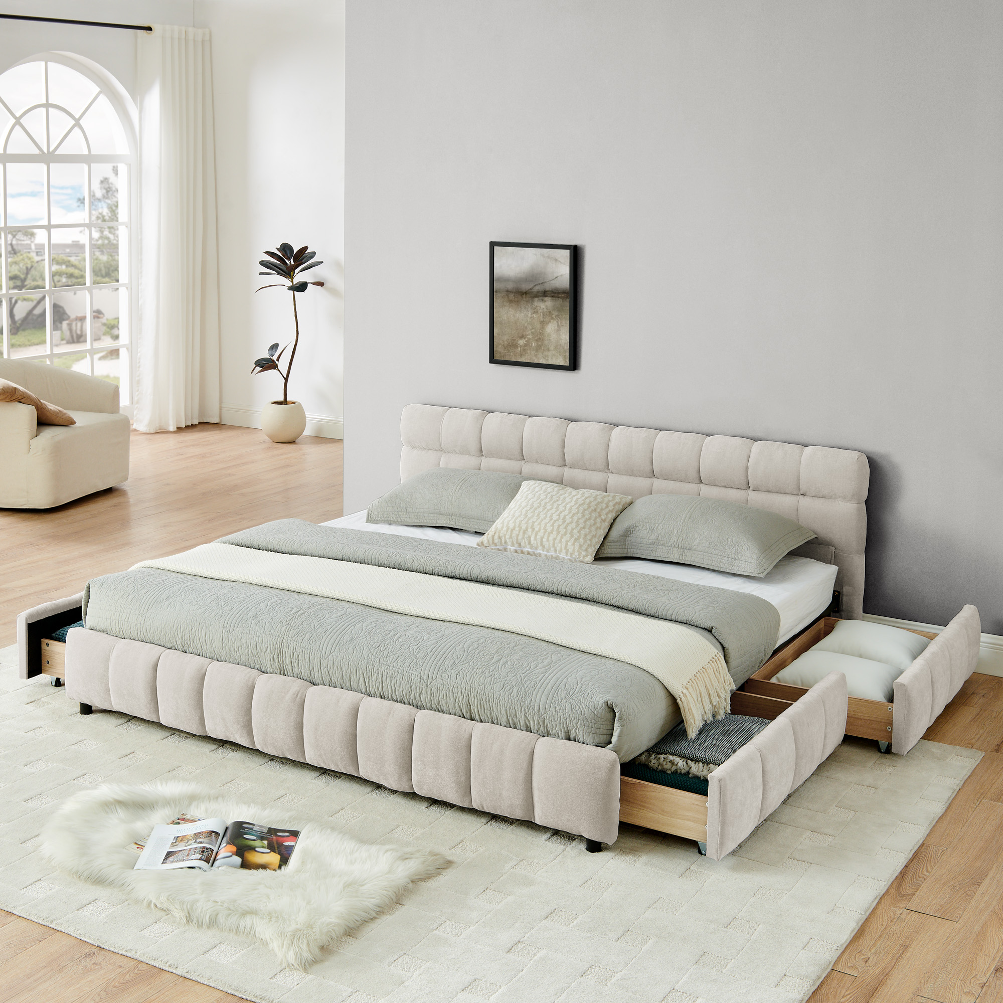 Cama tapizada tamaño King con cabecero y cajón de almacenamiento