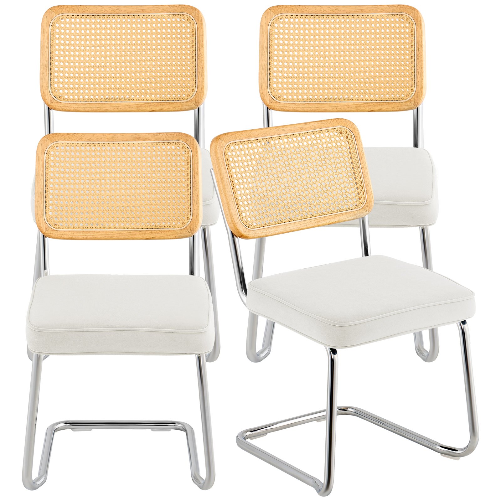 Rattan Dining Chairs Set Of 4, Mid Century Modern Dining Chair, Upholstered Velvet Accent Chair With Rattan Back, Retro Dining Room Kitchen Chair For Living Room, Bedroom, Office (18.1 Inch)
