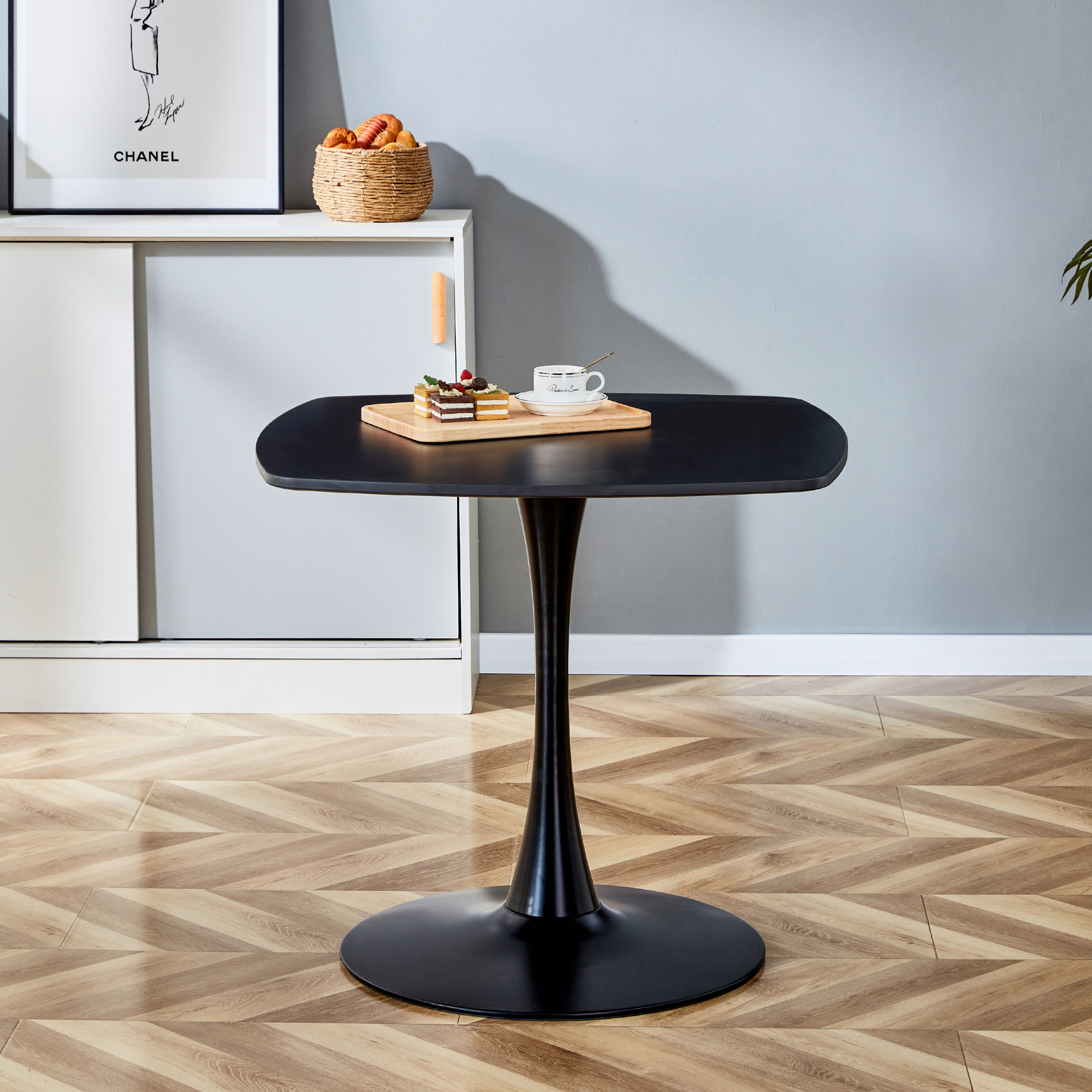 24 Inch Black Square Tulip Table For 2-4 Person, Modern Mid-Century Small Dining Table With Sturdy Metal Pedestal Base, For Kitchen, Small Space, Apartment, Bistro, Cafe, Office, Living Room