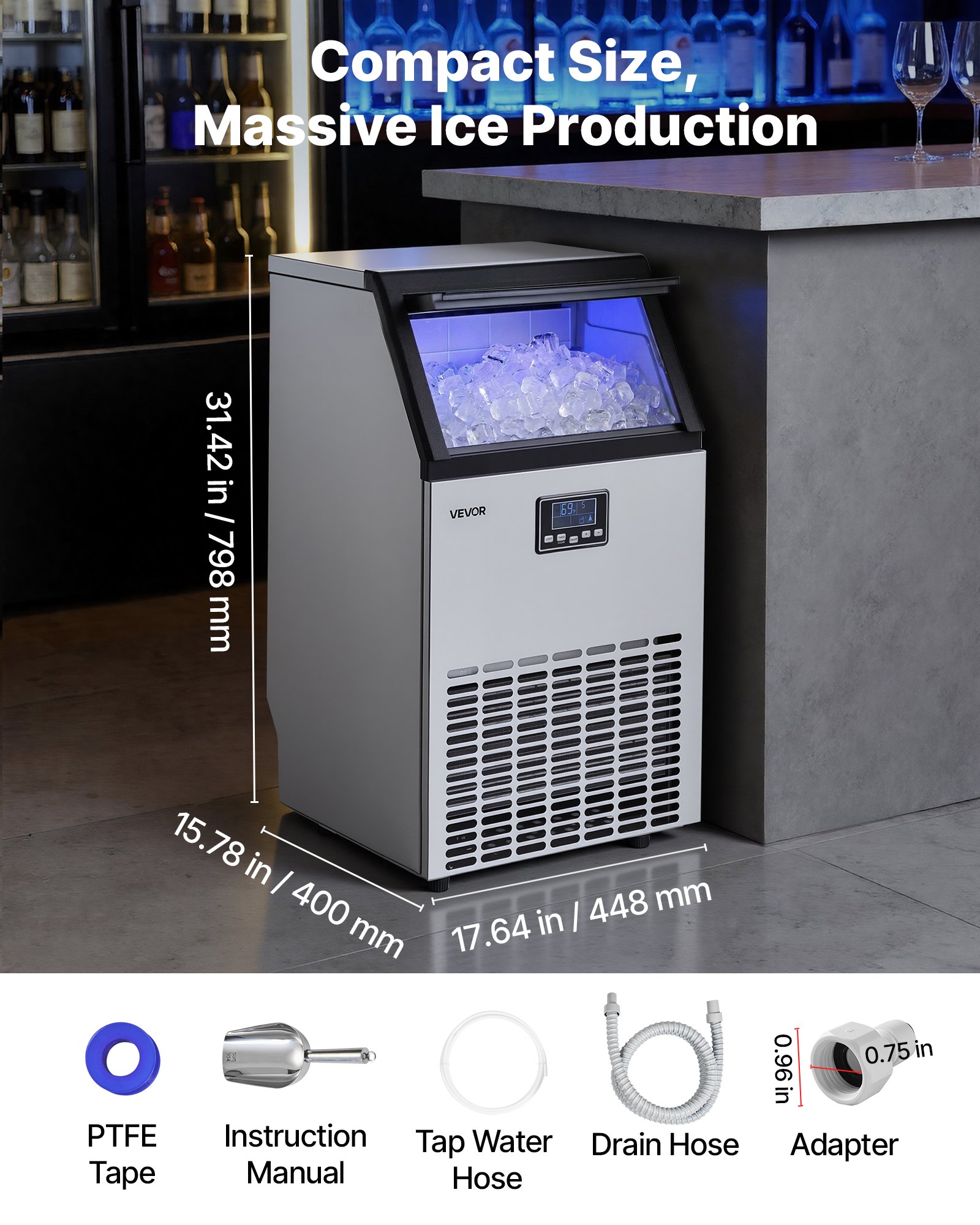 Máquina de hielo comercial, 100 libras/24h, 26 libras de almacenaje, acero inoxidable.