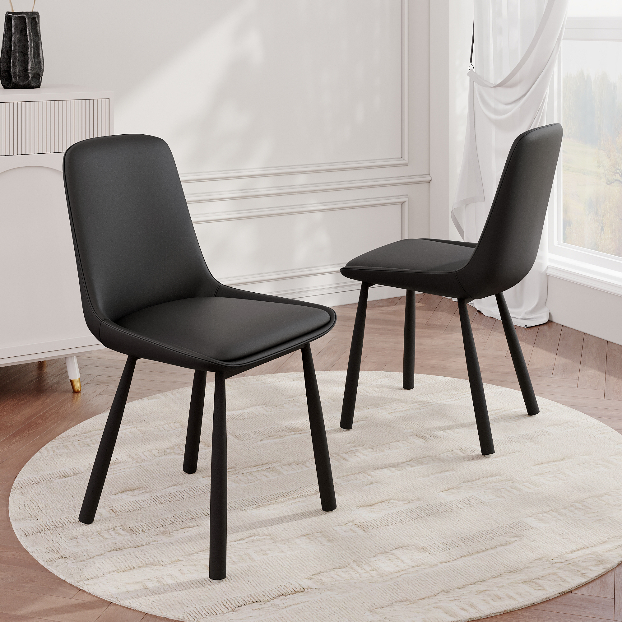 Modern Minimalist Black Faux Leather Dining Chairs Set Of 2, Iron Legs, Nordic Style Upholstered Backrest Chairs For Kitchen & Living Room