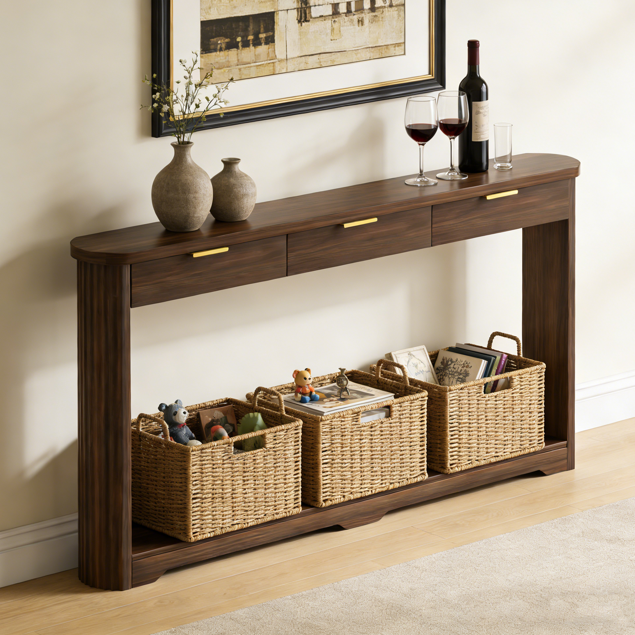 Mesa auxiliar de almacenamiento de madera con cajones y patrón ondulado Nogal