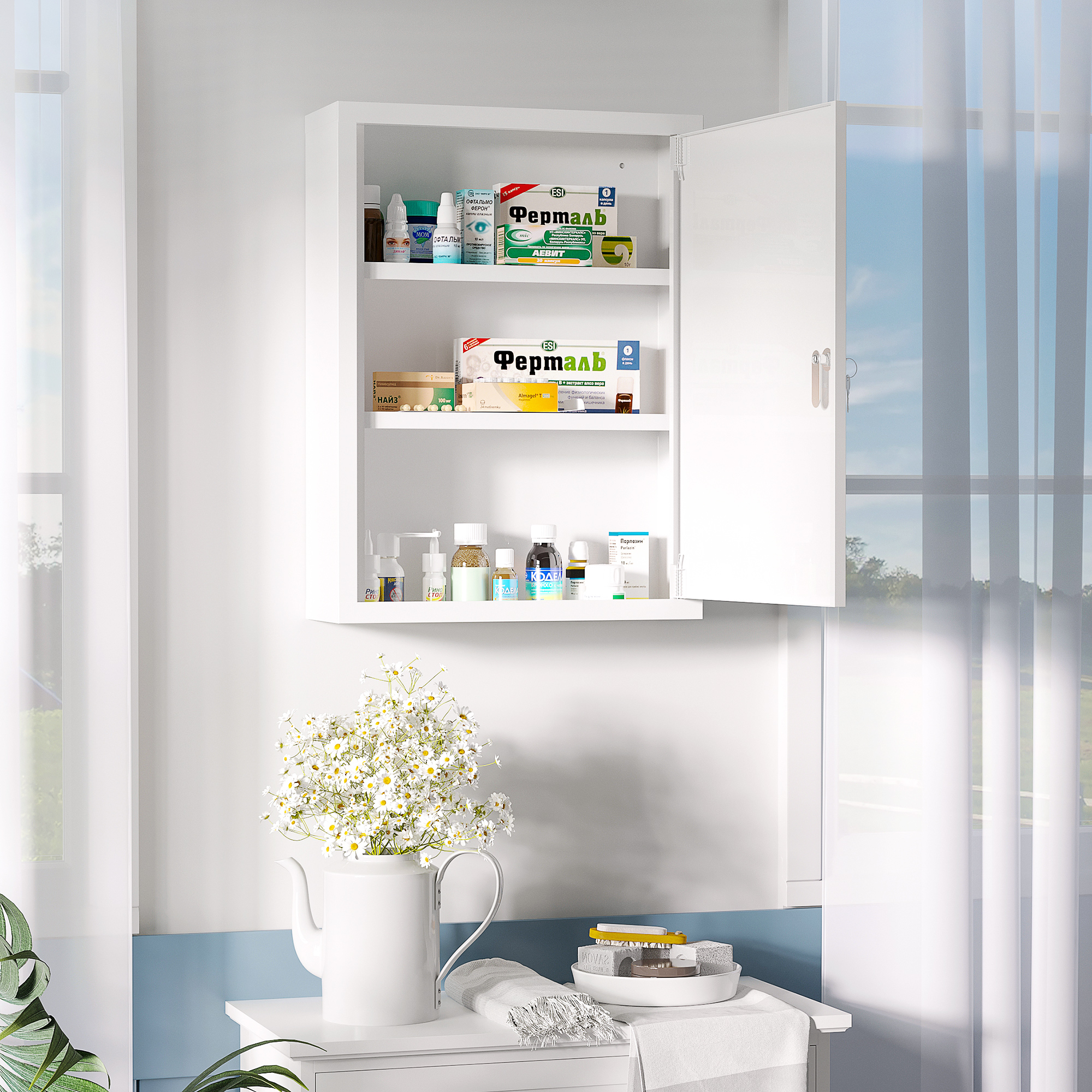Botiquín de pared de acero con cerradura, 16 x 21 pulgadas, 3 niveles, 2 llaves, blanco