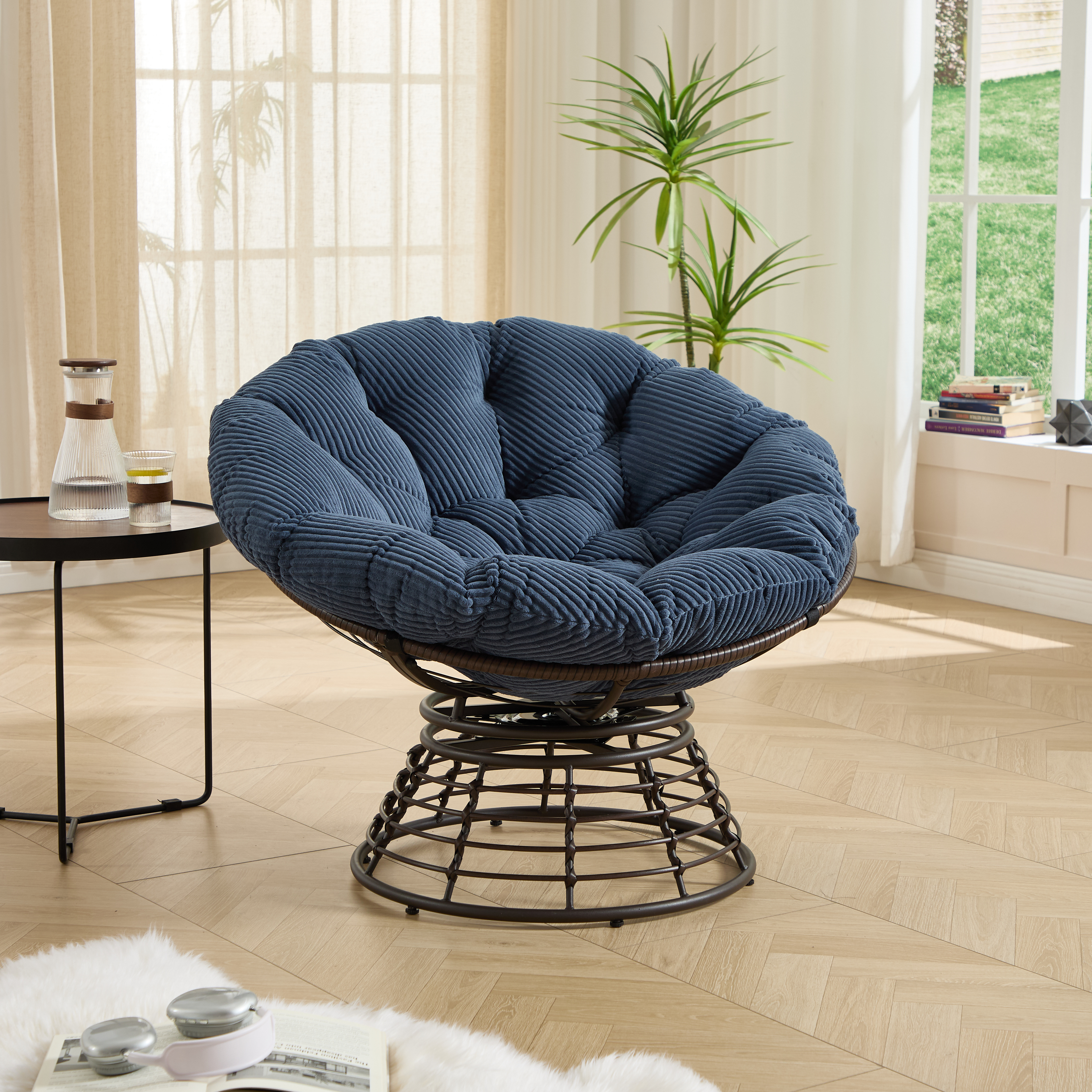 Comfortable Ergonomic Wicker Papasan Chair, 360 Swivel Indoor Outdoor Rattan Chair With Soft Thick Cushion, Ideal For Living Room, Bedroom, Reading Room, Brown Frame With Navy Blue Cushion