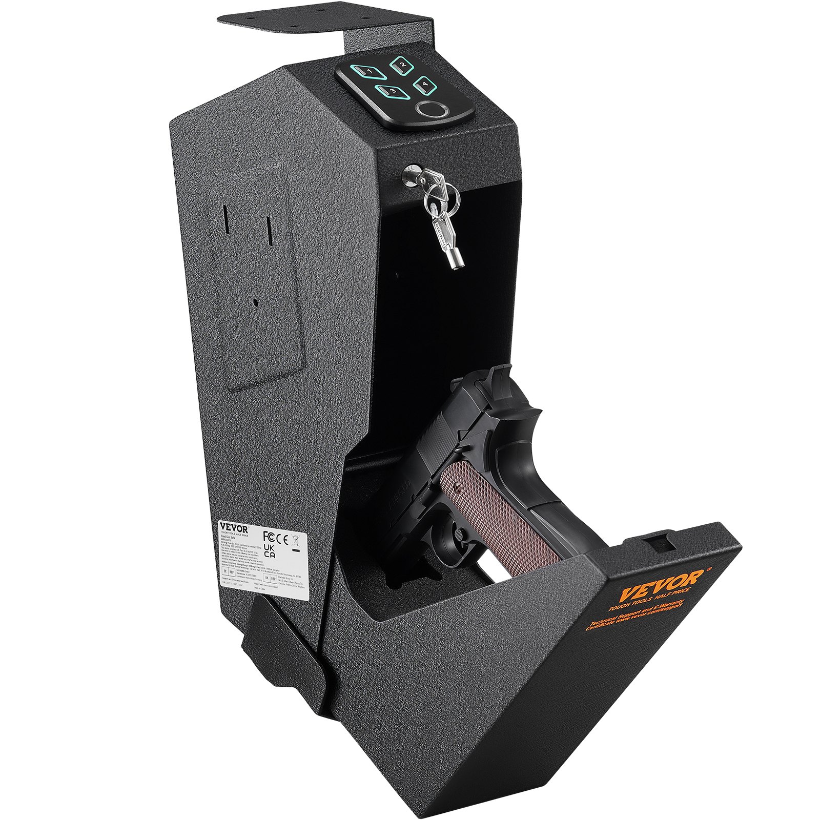 Caja fuerte biométrica para pistolas, montada, acceso rápido con huella, clave y llave.