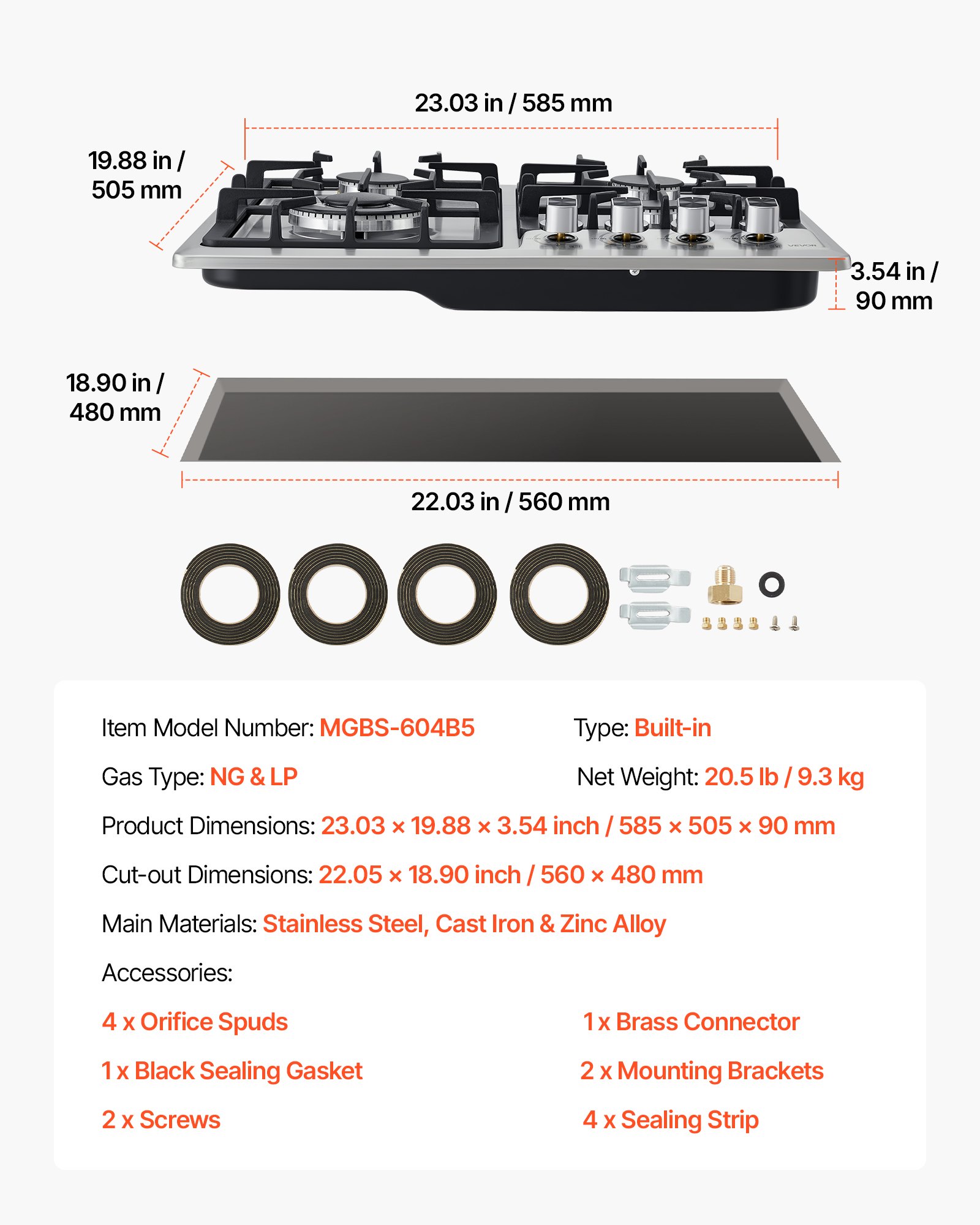 24 Inch Gas Cooktop 4 Burners Gas Stove Top, Max 27000BTU Built-in Stainless Steel Stove Top LPG/NG Convertible Dual Fuel Cooktop Stoves With Thermocouple Protection For Kitchen Apartment Rvs