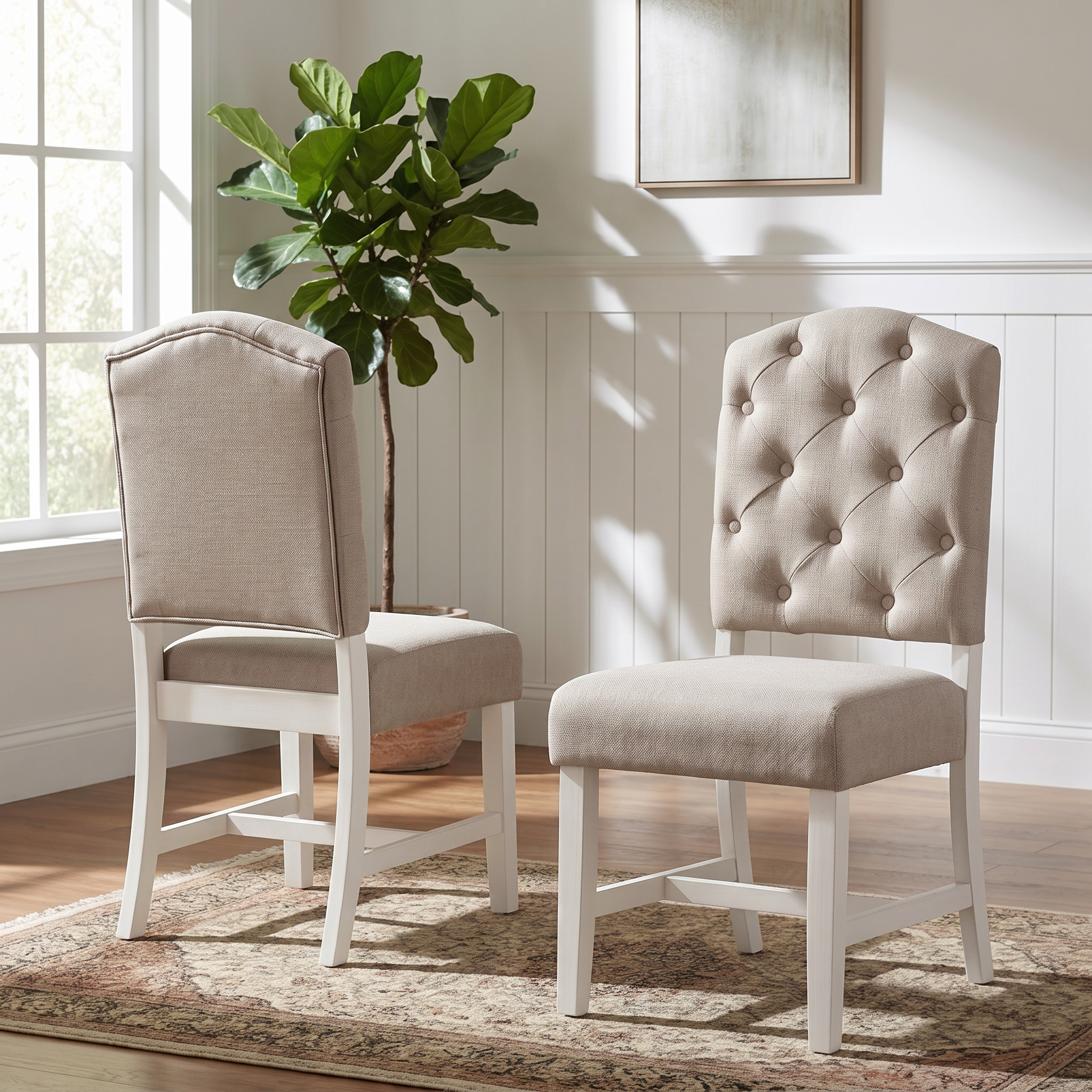 TREXM Retro Style Dining Chair Set With 2 Upholstered Chairs For Dining Room And Living Room  Oak Natural Wood   Off White