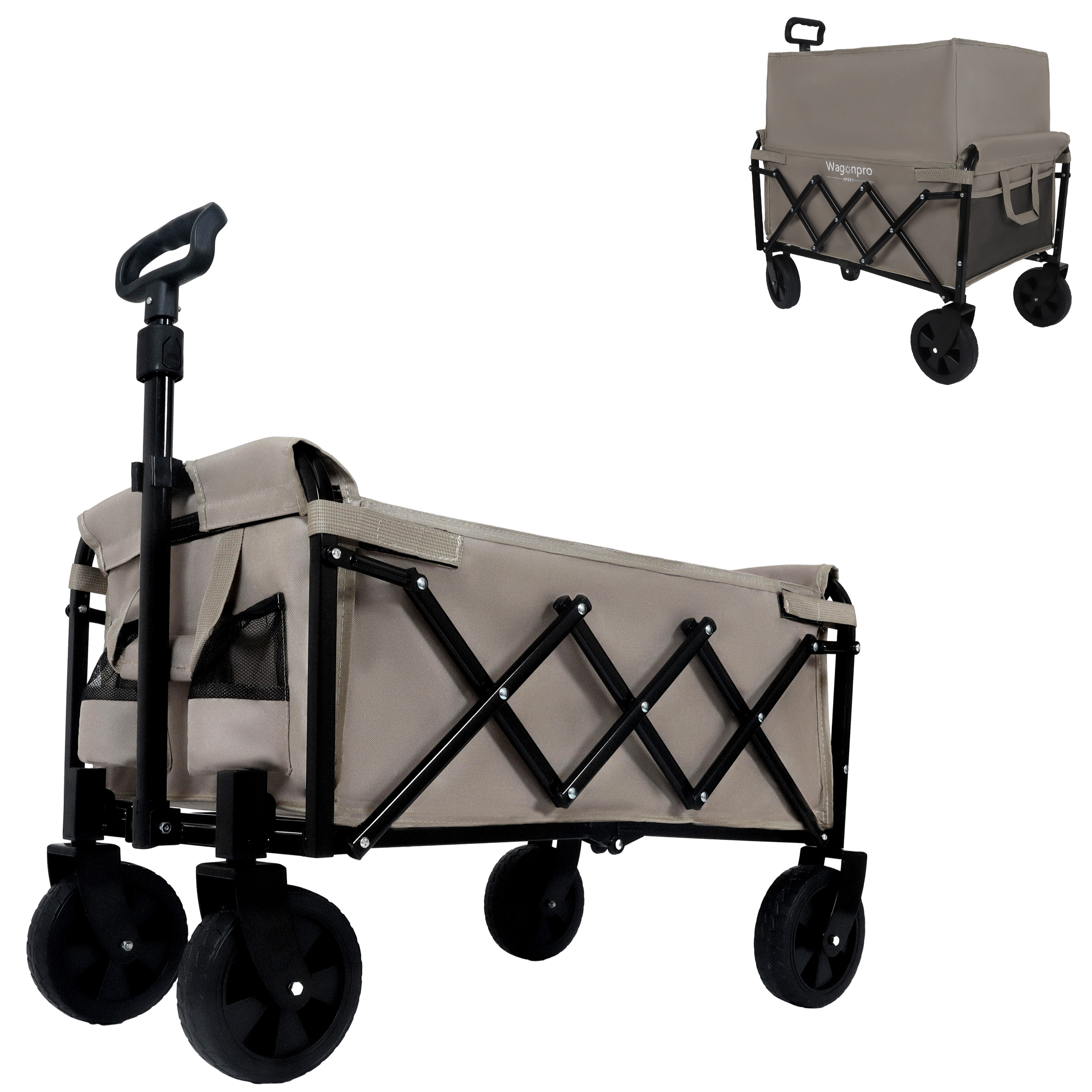 Expandable Dual- Layer Utility Wagon With 100 Extra Space - Grocery Cart For Camping Shopping Sports Gardening Fishing Supports 225lbs Beige