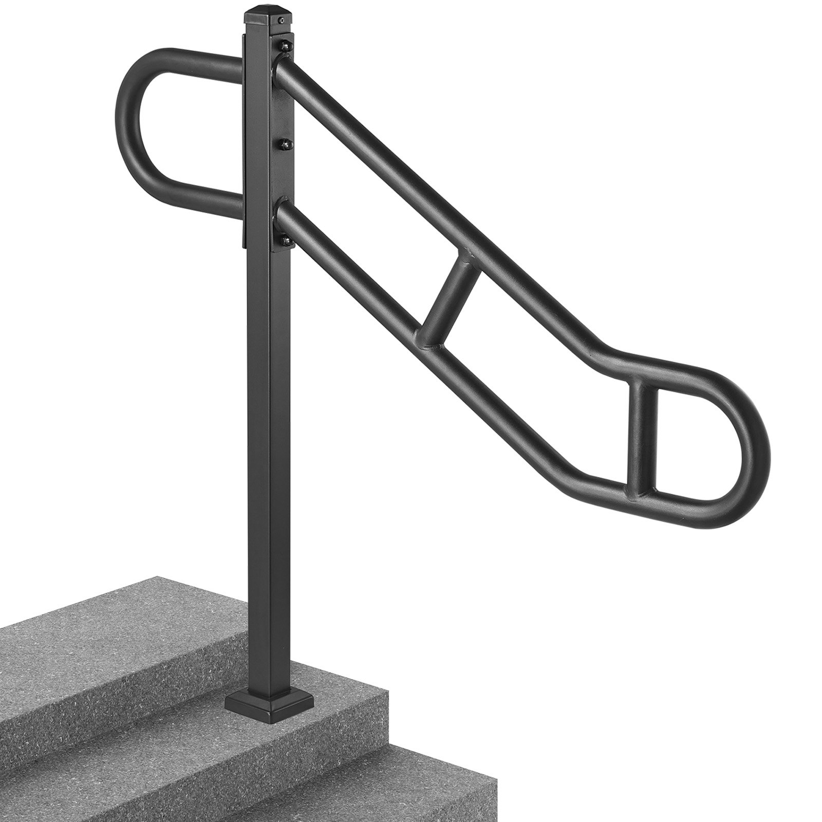Single Post Handrail For Outdoor 1-3 Steps, 40.5" L X 35.4" H Metal Bent Stair Handrails, Floor Mounted Carbon Steel Stair Railing, U-Shaped Post Grab Rails With 2 Anti-Skid Crossbar For Garage