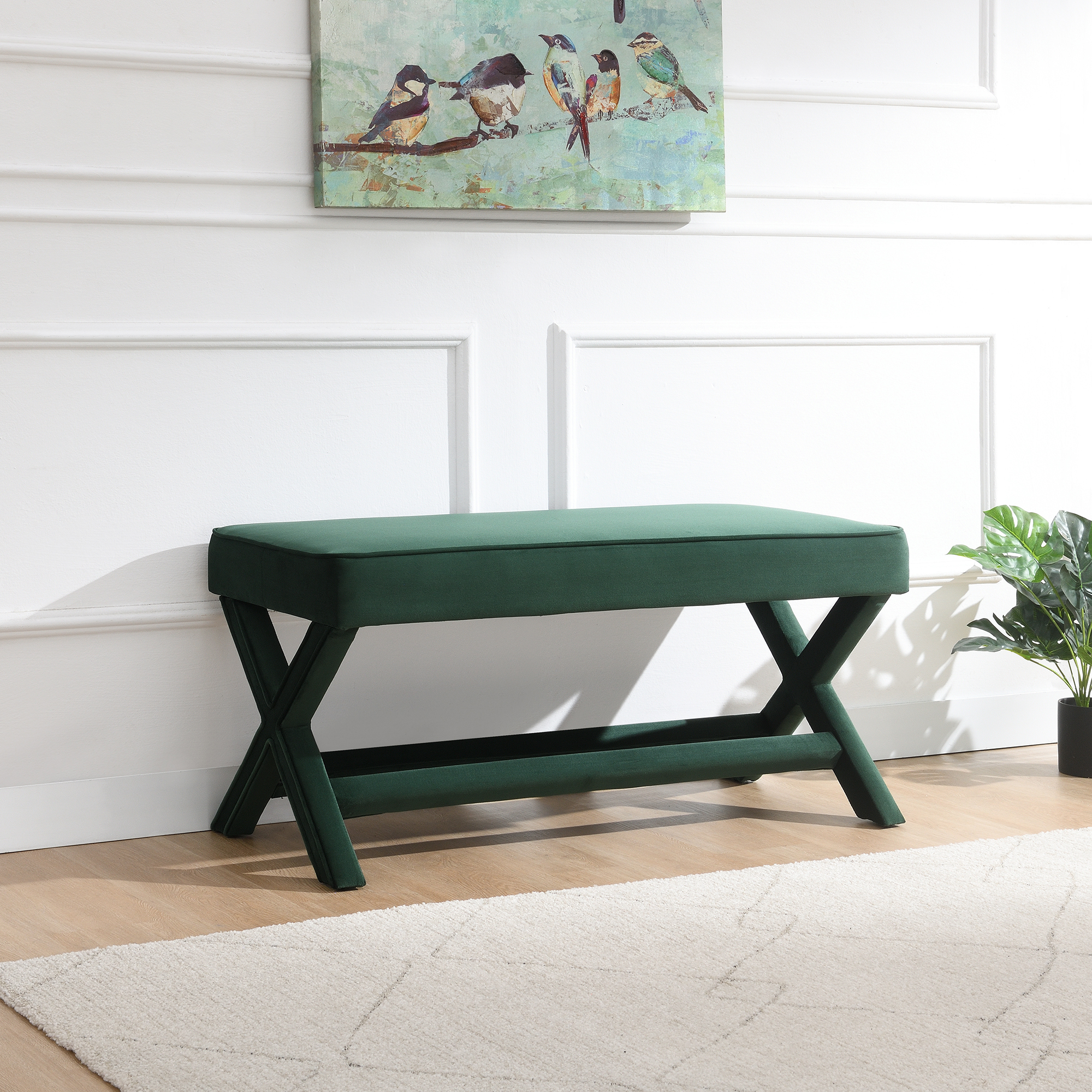 Comfort Double Bench Upholstered In Velvet Fabric,Stool With Stylish X-Crossed Legs,Comfort Cushion With Piping,Velvet Green