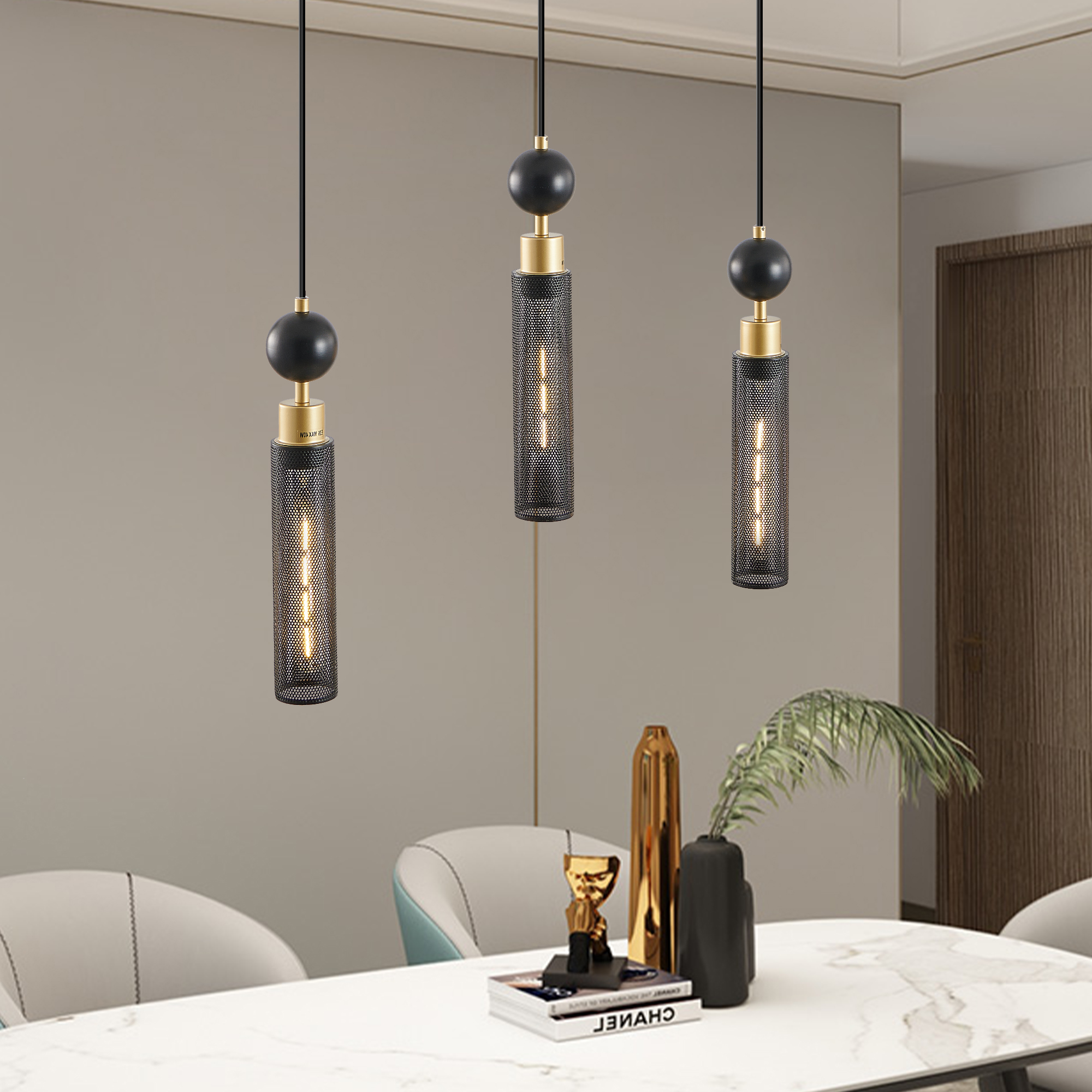 Lámpara de techo colgante de 25 pulgadas, 3 luces, negra y dorada, pantallas de malla, base E26