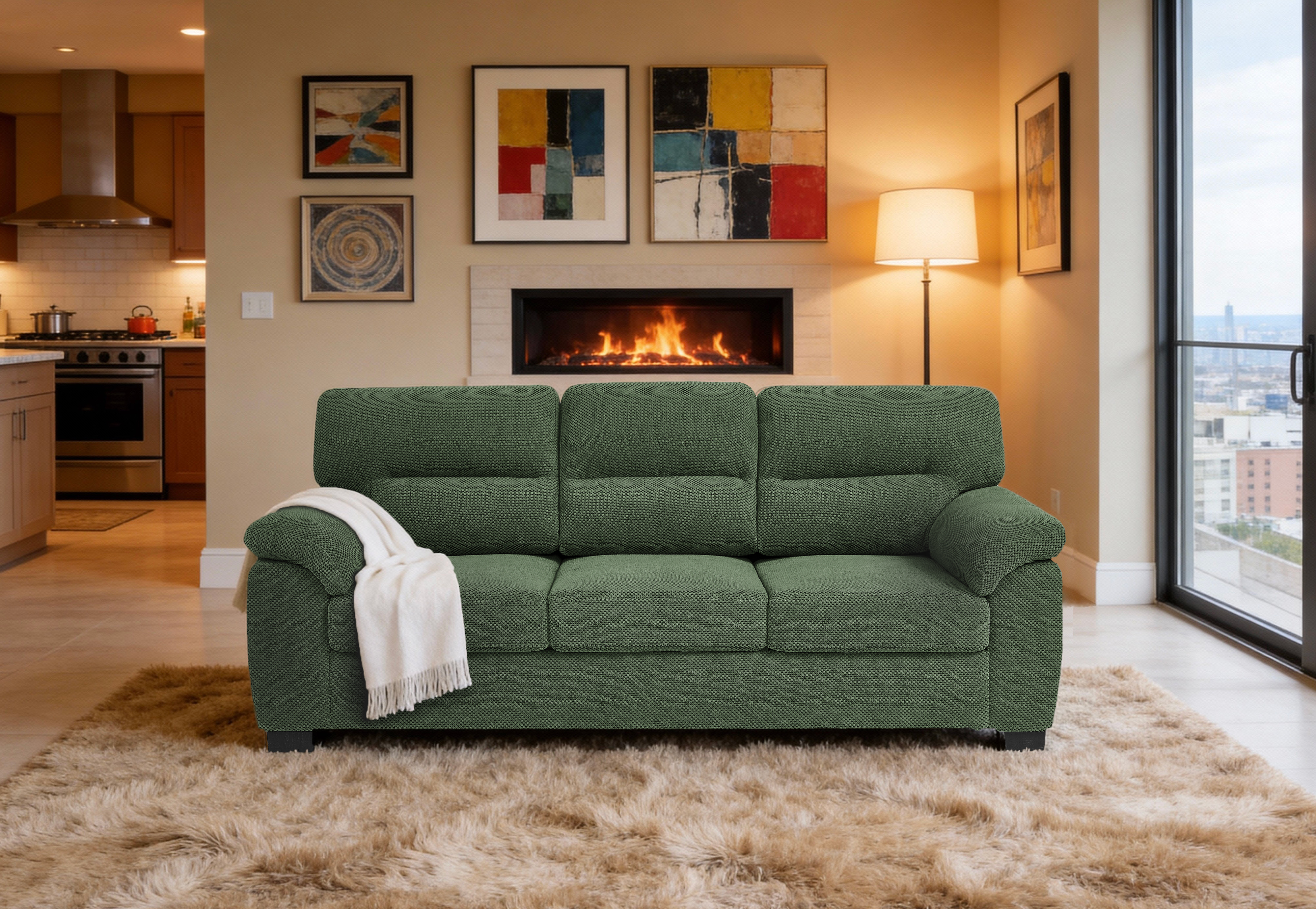 3-Seater Sofa, Green Upholstered Couch, Modern Living Room Furniture, Textured Fabric Sofa, Minimalist Settee, Comfortable Armchair, Sturdy Frame Sofa